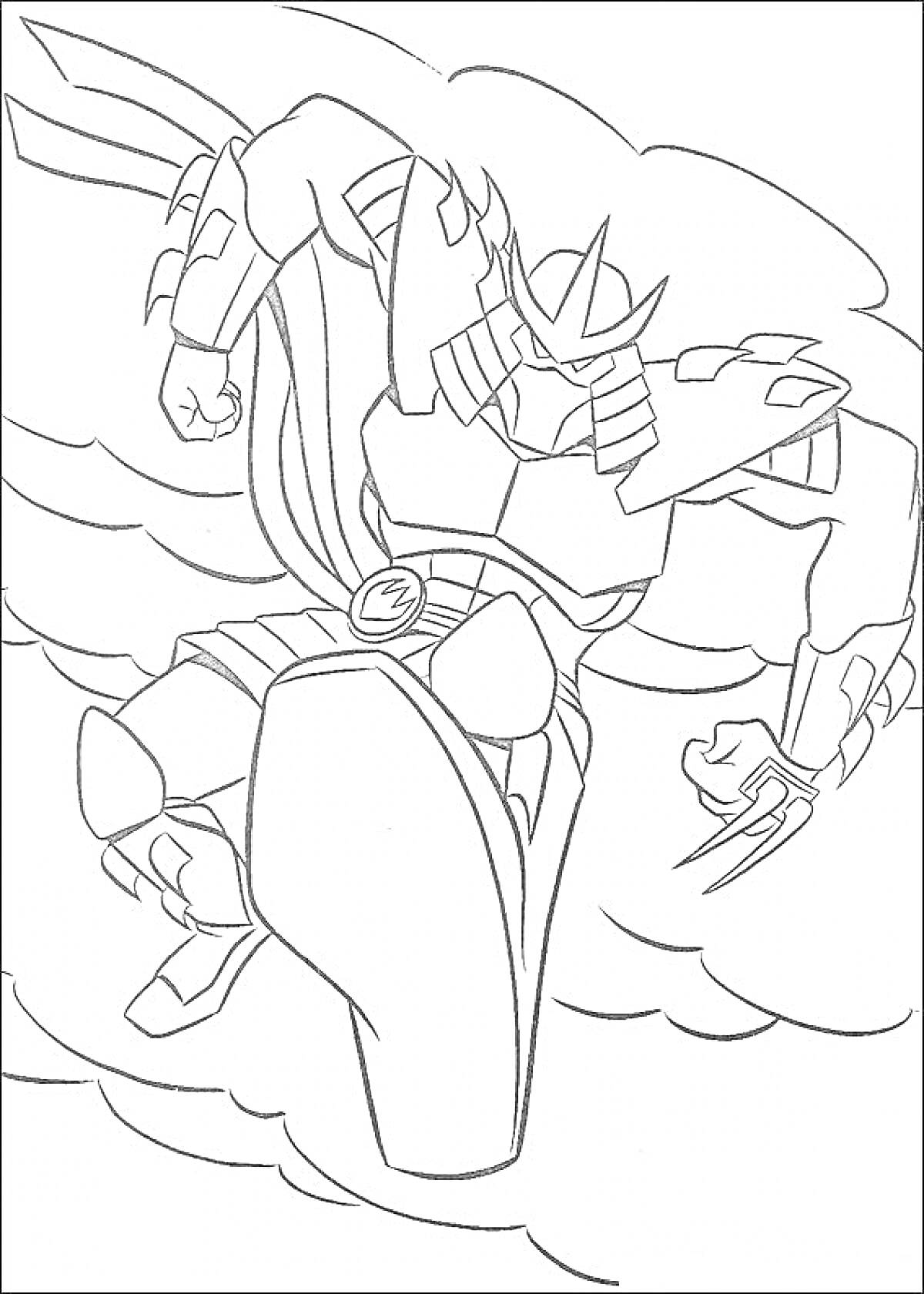 Раскраска Черепашки Ниндзя - боевое изображение персонажа с доспехами, огромной ногой и острым когтем