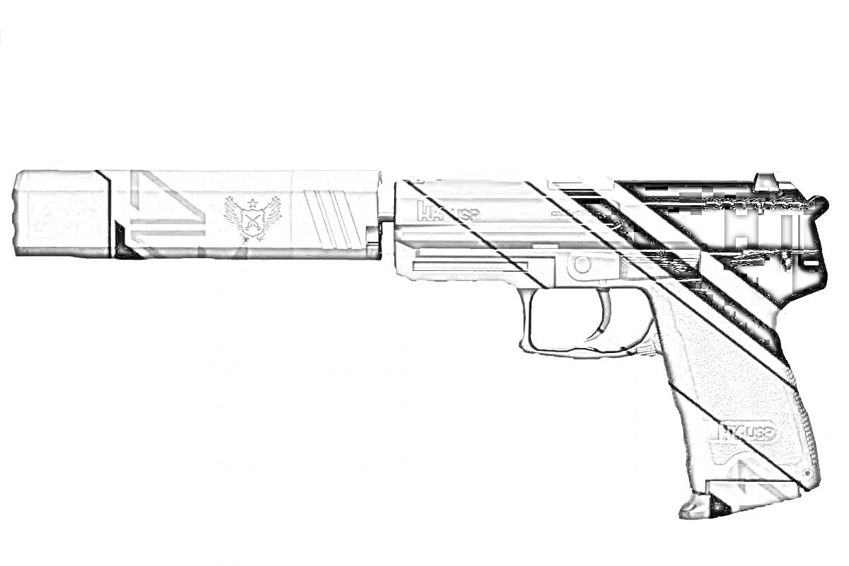 На раскраске изображено: ЮСП, Пистолет, Оружие, Игра, Глушитель