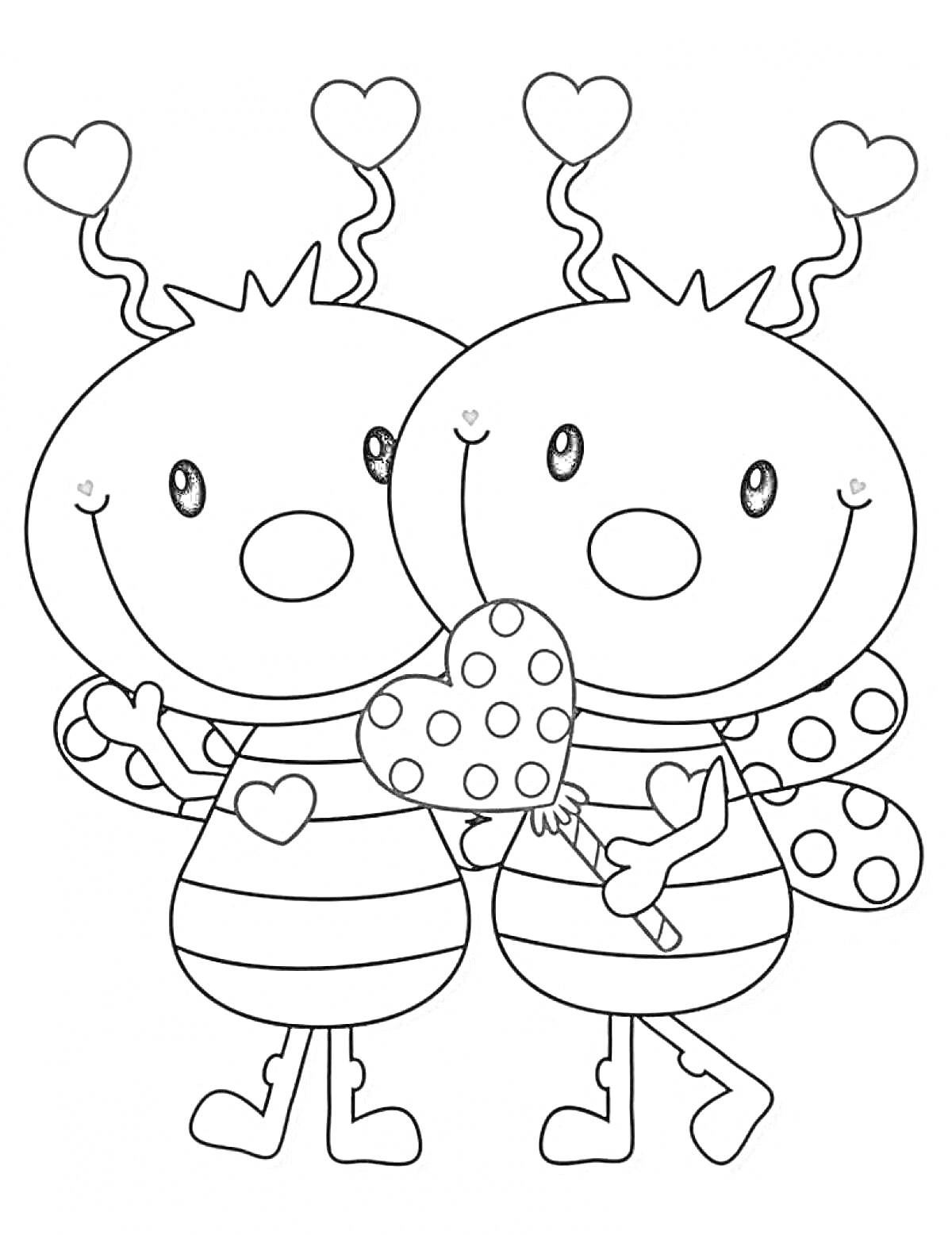 Раскраска Две букашки с сердечками, держащие сердечко в руках