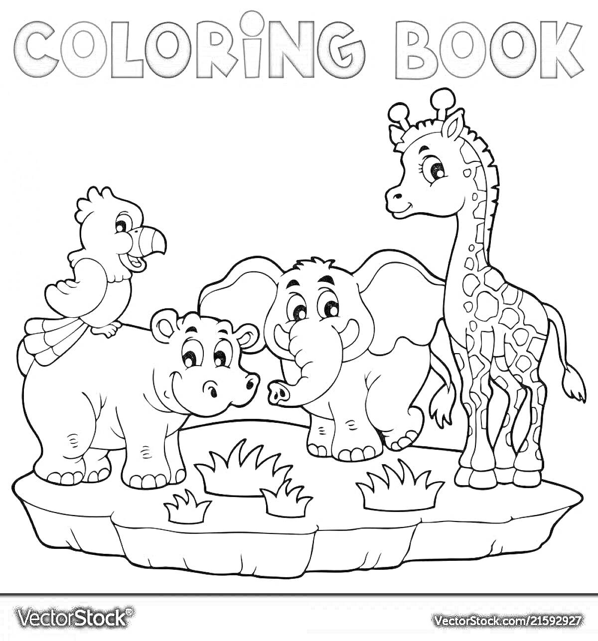 Раскраска Попугай, бегемот, слон и жираф на каменной платформе с травой