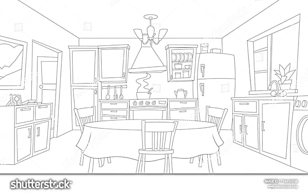 На раскраске изображено: Кухня, Обеденный стол, Плита, Вытяжка, Холодильник, Посуда, Стиральная машина, Радиатор