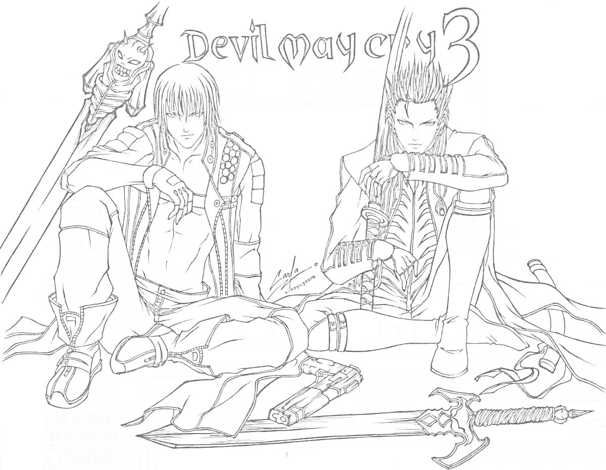 Раскраска Двое мужчин с мечами из Devil May Cry 3