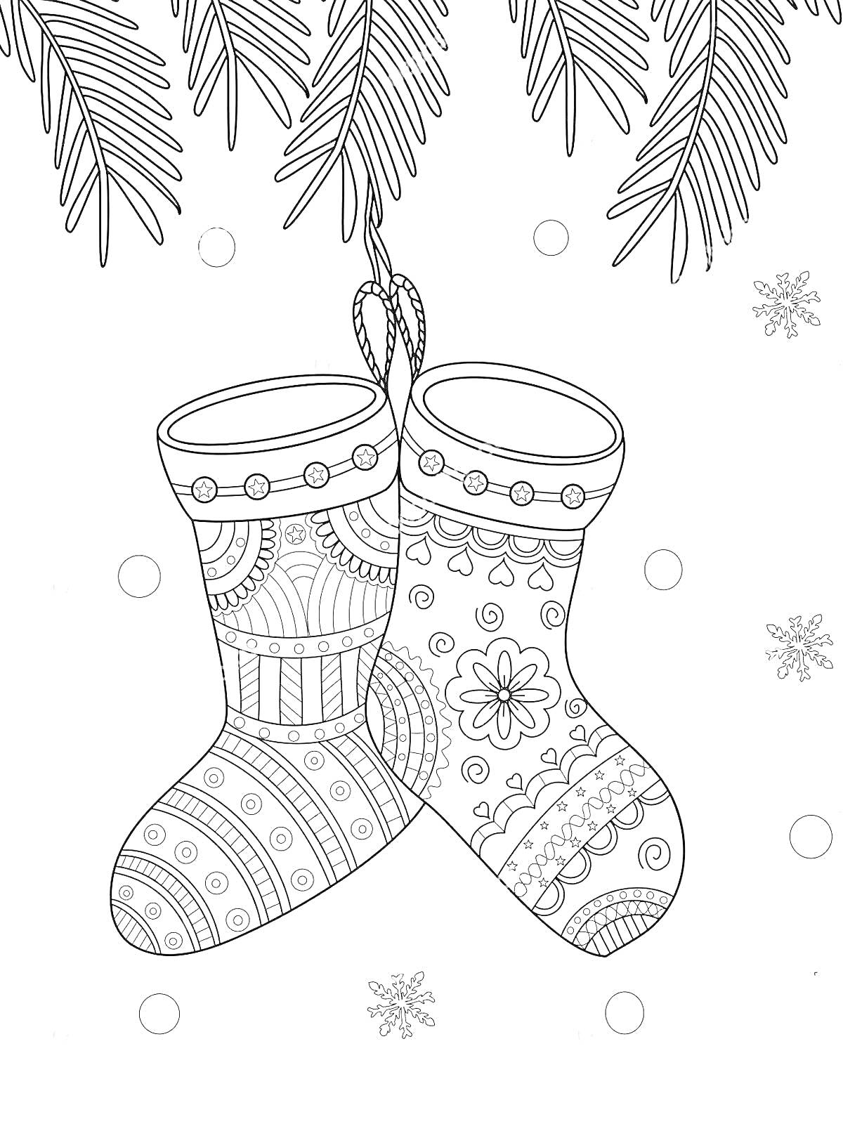 Раскраска Новогодние сапожки под еловыми ветками