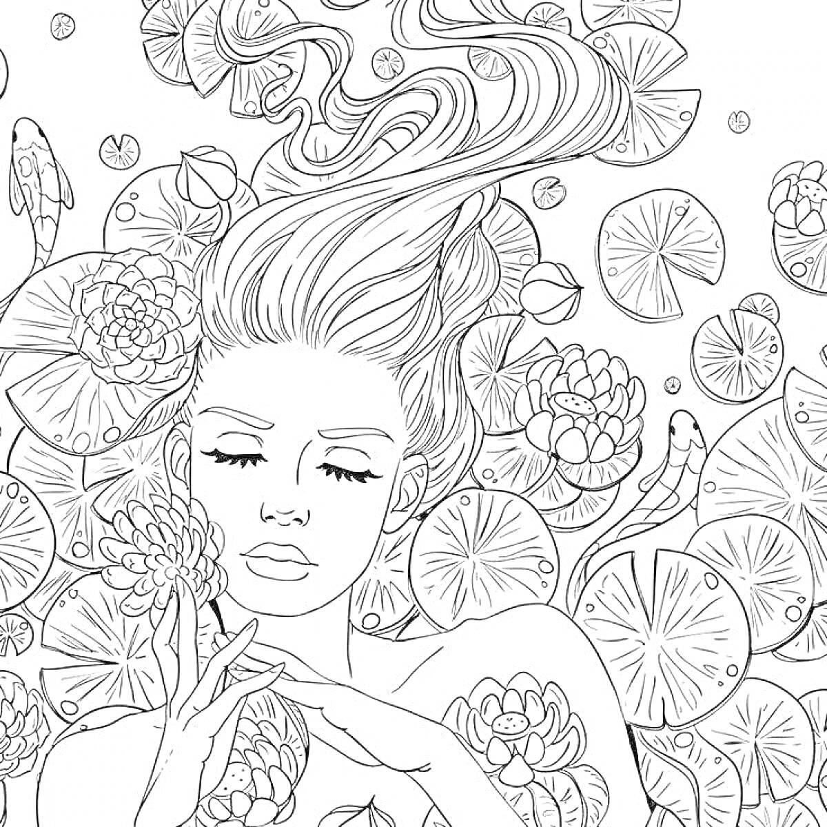 На раскраске изображено: Антистресс, Женщина, Волосы, Водяные лилии, Цветы, Природа, Спокойствие, Релакс