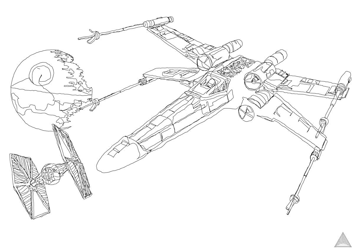 Раскраска Звездные Воины - Истребители X-Wing и TIE Fighter около Звезды Смерти