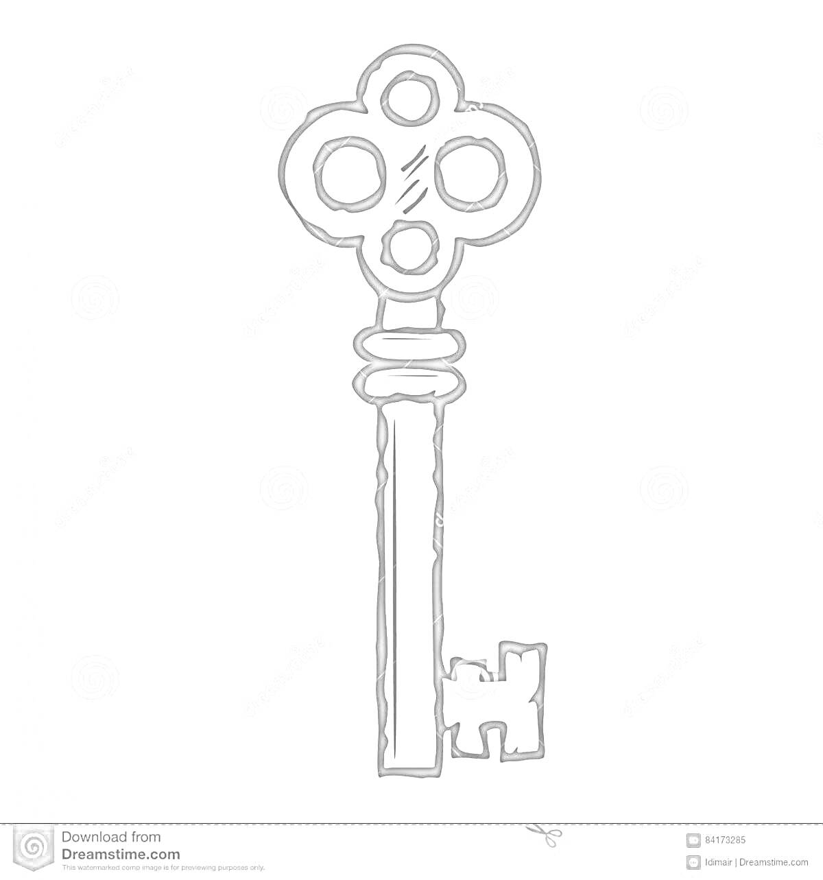 Раскраска Черно-белая раскраска ключа с круглыми элементами и сложной головкой
