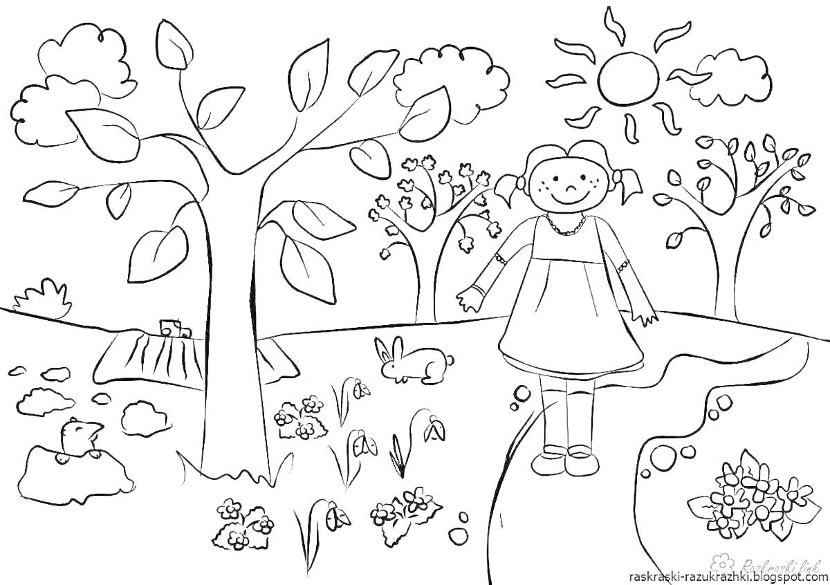 Раскраска Девочка на прогулке весной среди деревьев, кроликов и цветущих растений под солнцем