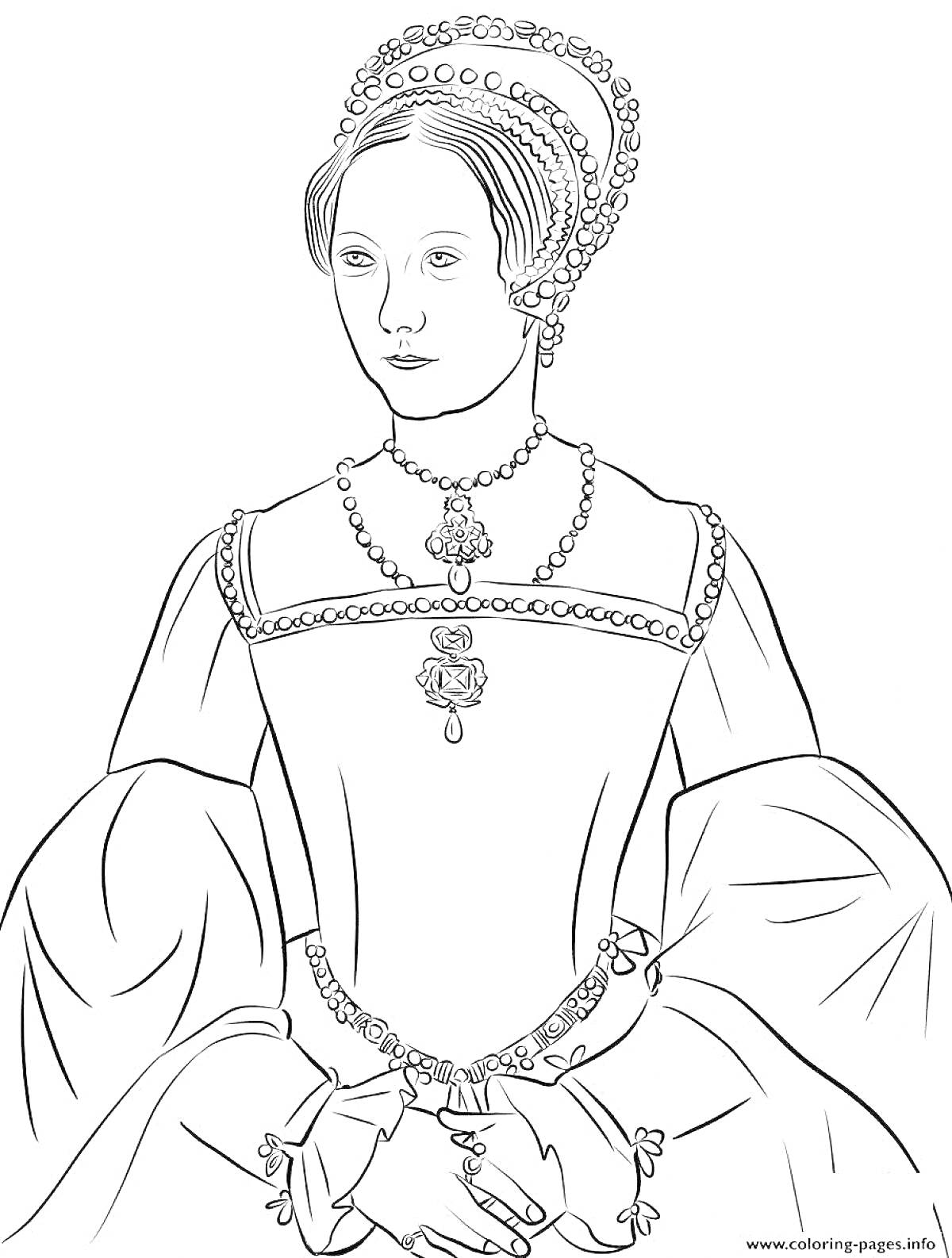 Раскраска Екатерина 2 в короне и платье с украшениями, портрет