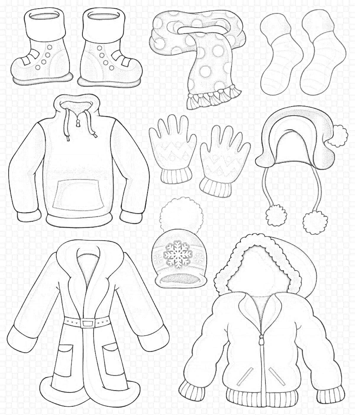 Раскраска сапоги, шарф в горох, носки, жилетка с капюшоном, перчатки, шапка с помпоном, шапка с ушками и помпонами, пальто, вязаная шапка с снежинкой, куртка с капюшоном