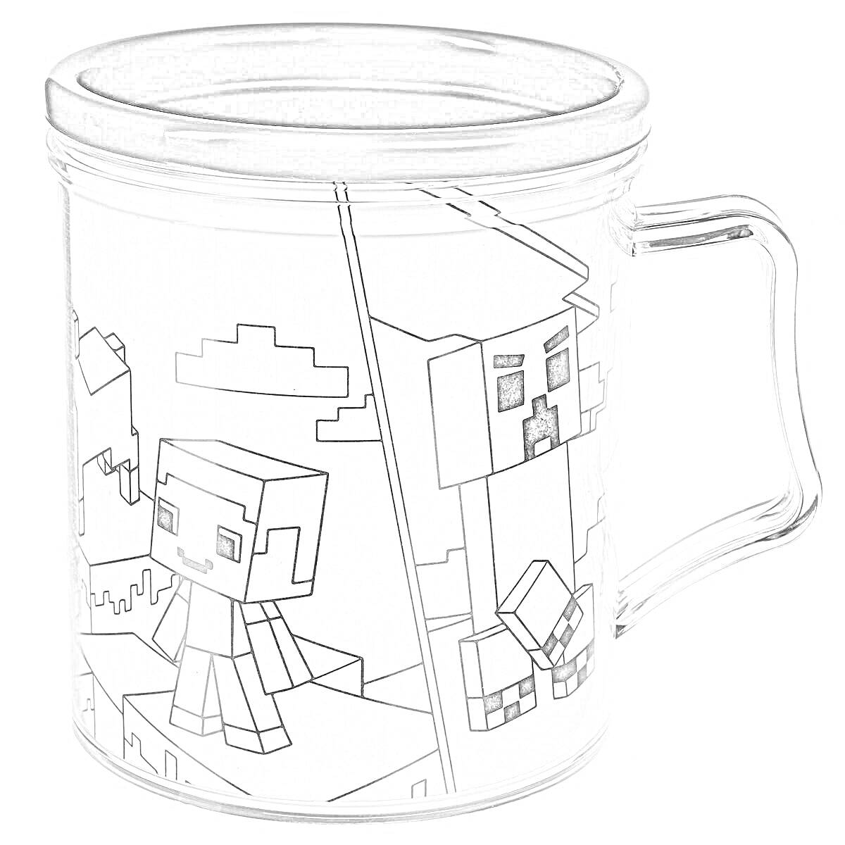 Раскраска раскраска кружка с изображением персонажей из игры в стиле пиксель-арт, с черной крышкой и прозрачной рукояткой