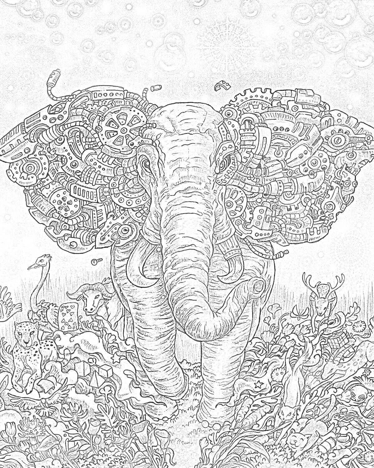 На раскраске изображено: Слон, Механика, Уши, Животные, Природа, Метаморфозы, Иллюстрация, Арт, Фантазия