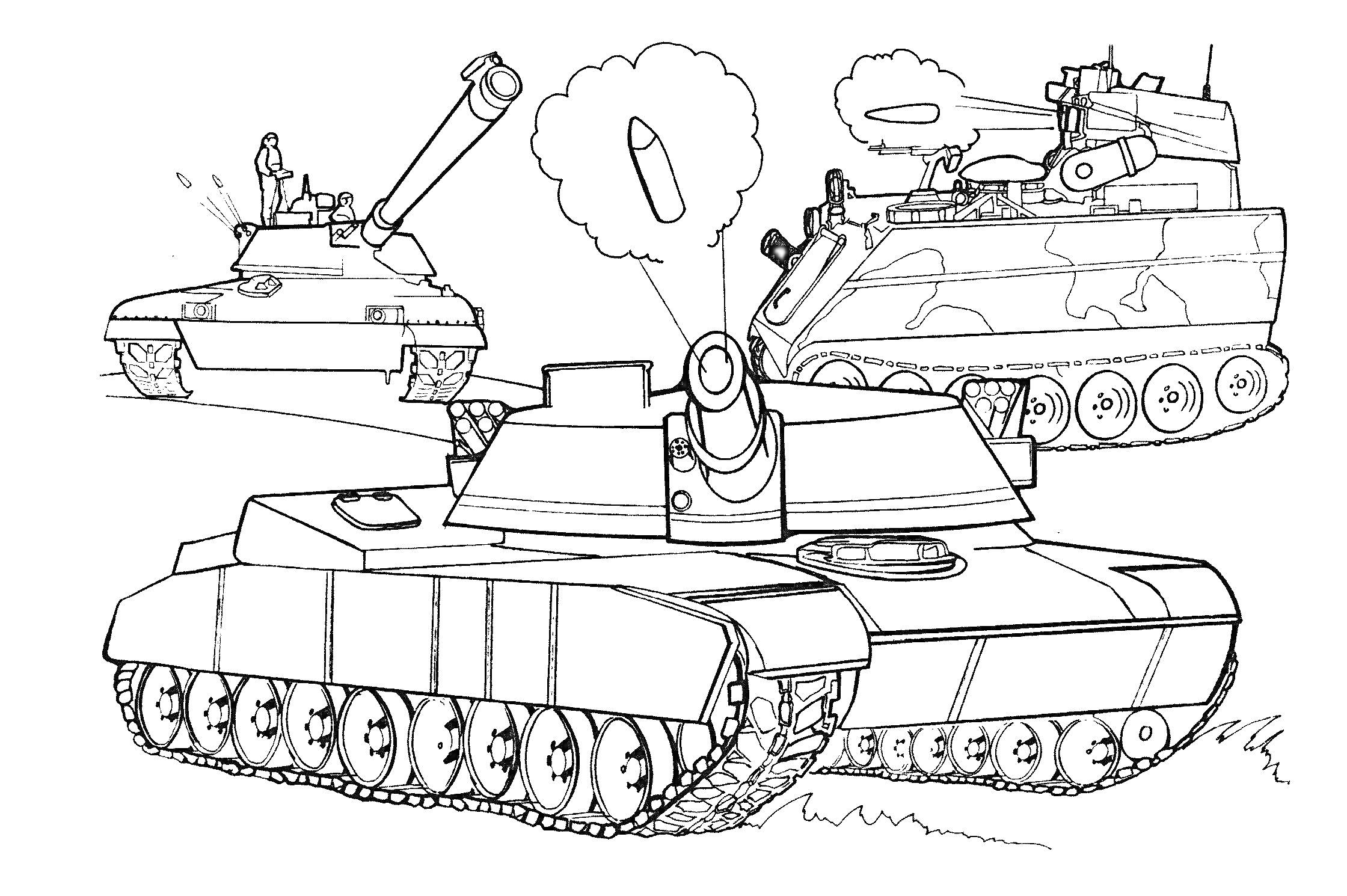 Три танка на поле боя, стреляющий снаряд