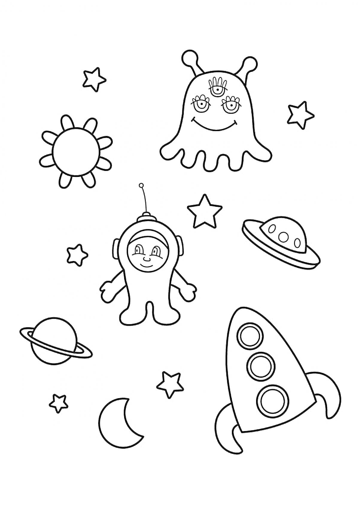 На раскраске изображено: Ракета, Астронавт, НЛО, Звезды, Солнце, Луна, Космос, Для детей