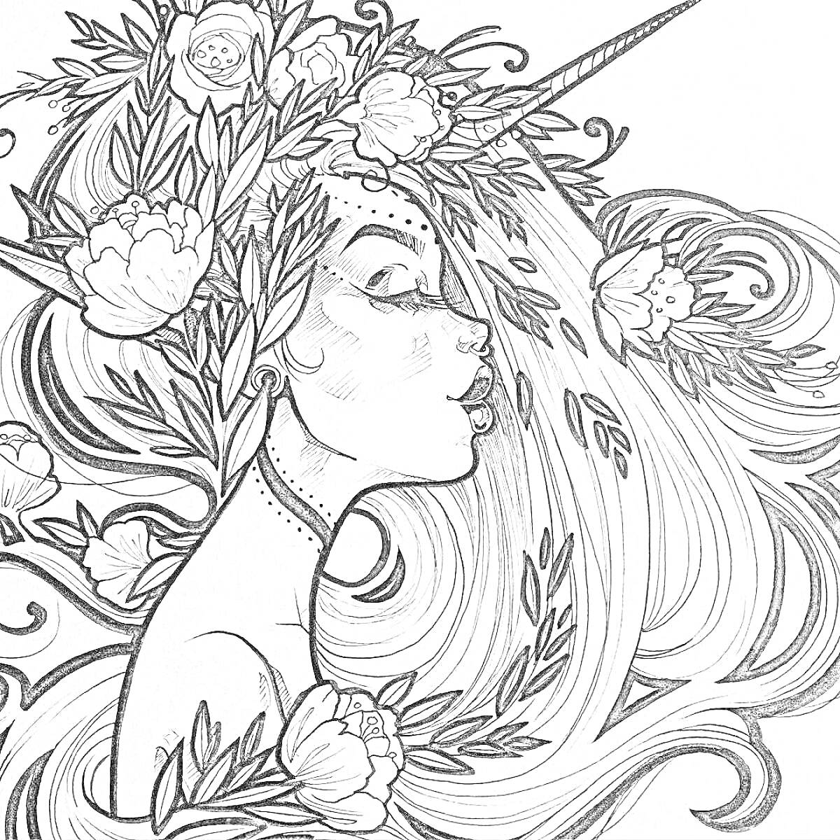 Раскраска Портрет девушки-единорога с длинными волосами, украшенными цветами и листьями
