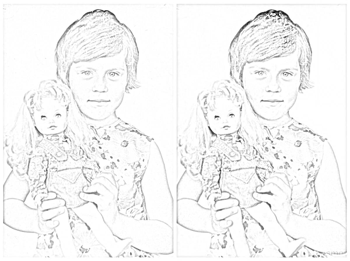 На раскраске изображено: Девочка, Кукла, Платье, Ретро