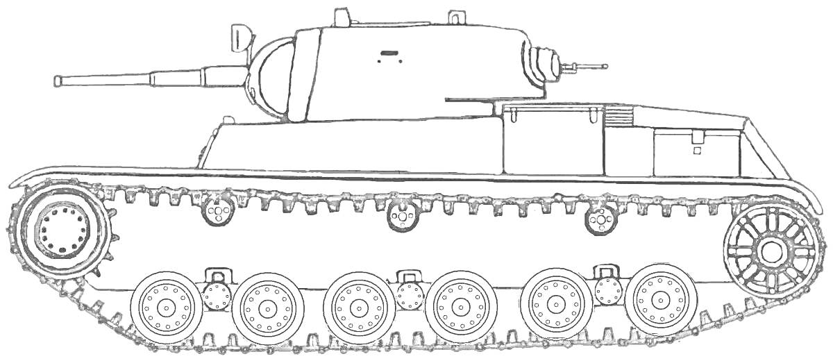 На раскраске изображено: Танк, КВ-1, Тяжелый танк, Военная техника, Гусеницы, Пушка