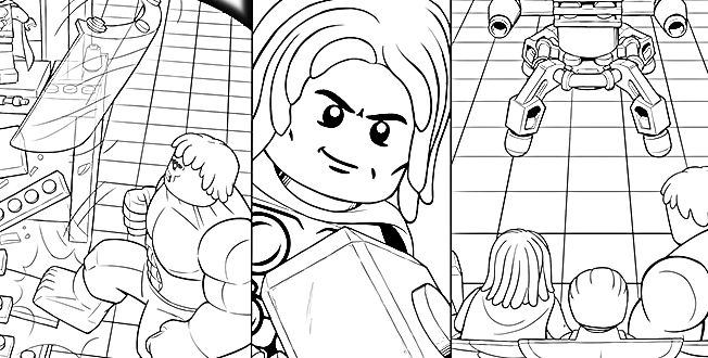 Раскраска Лего Марвел, герои собираются у пульта управления, персонаж с молотом, робот-механизм