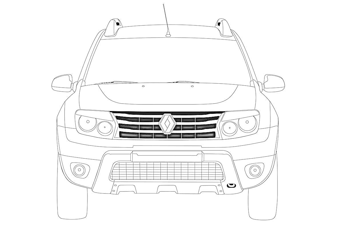 Renault Duster вид спереди, решетка радиатора, фары, бампер, зеркала заднего вида, антенна