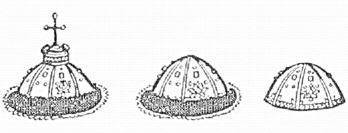 Раскраска Три шапки мономаха с крестом, украшениями и меховой оторочкой