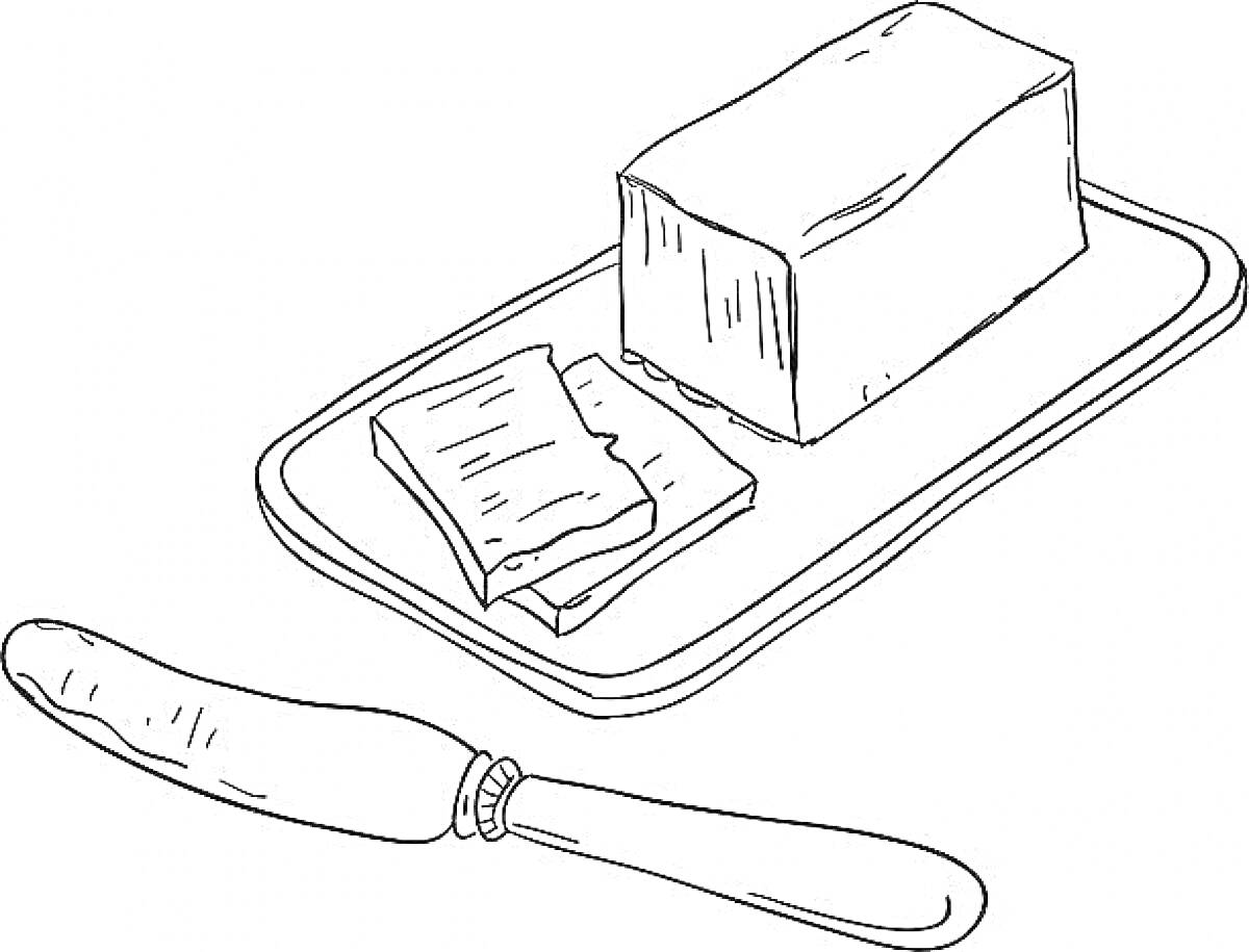 Раскраска Пачка сливочного масла на тарелке с ножом и куском масла