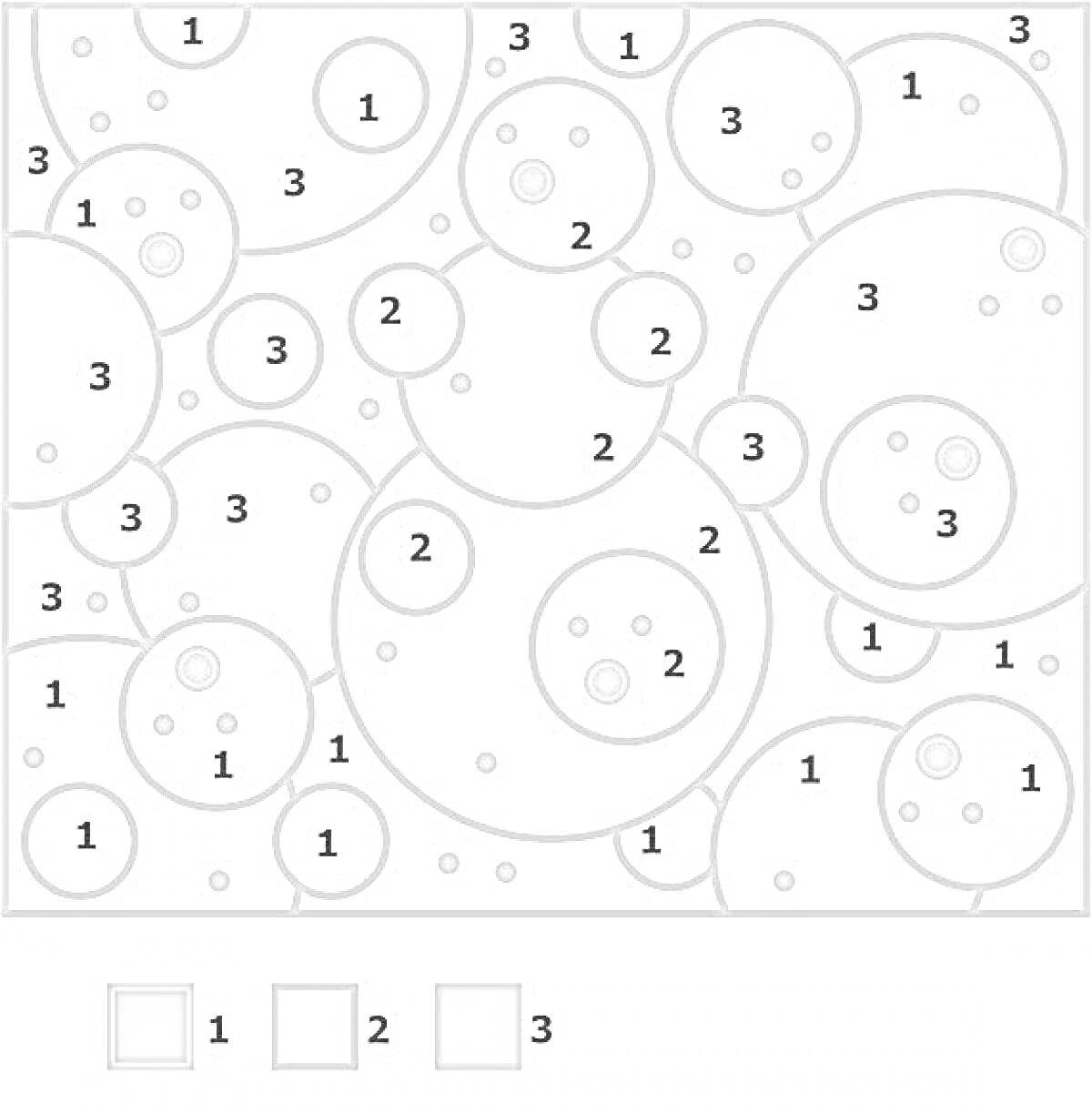 Раскраска Раскраска с кругами разного размера, числами 1, 2, 3 внутри кругов и оранжевыми точками