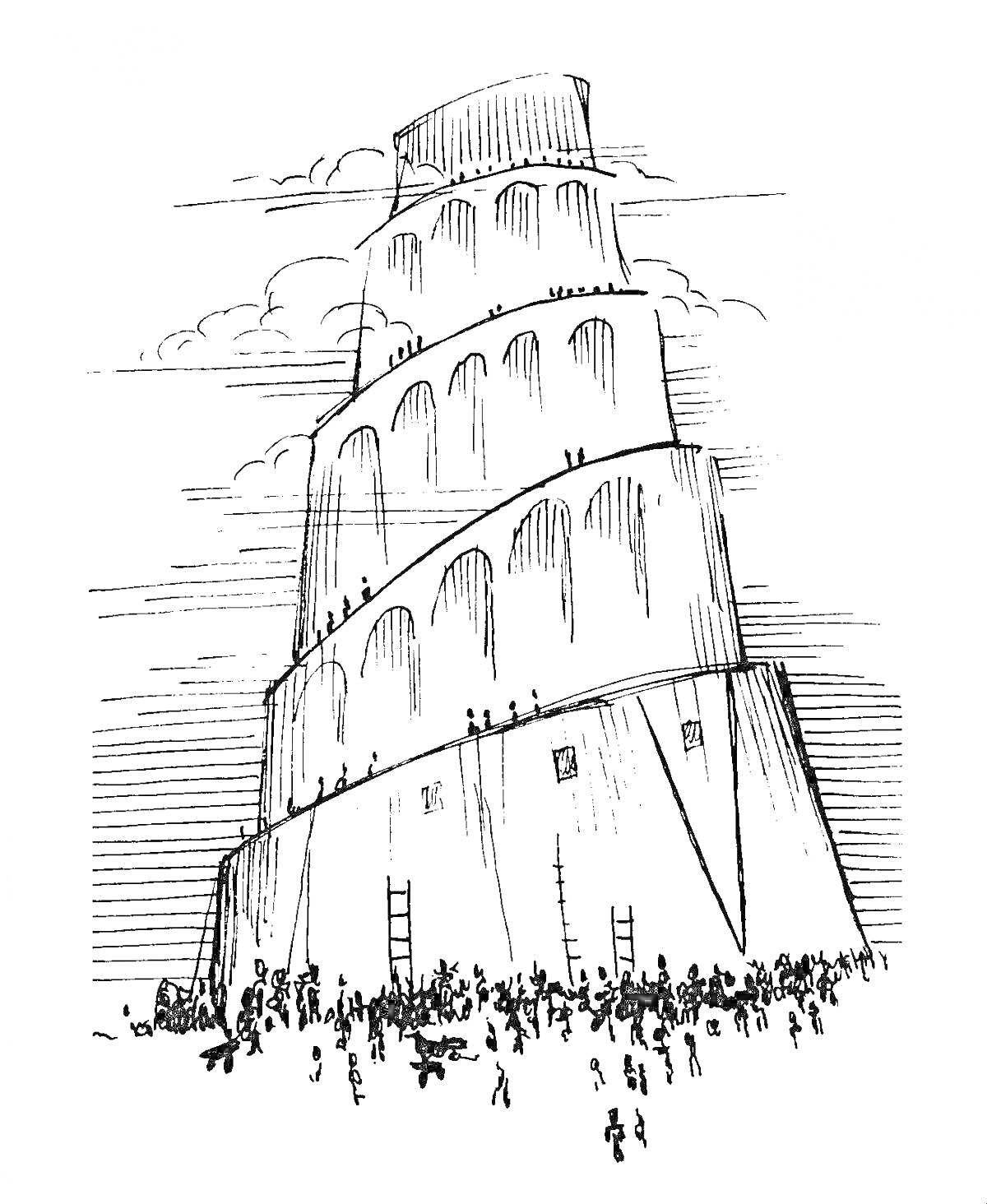 Раскраска Вавилонская башня с множеством людей у подножия и облаками на заднем плане