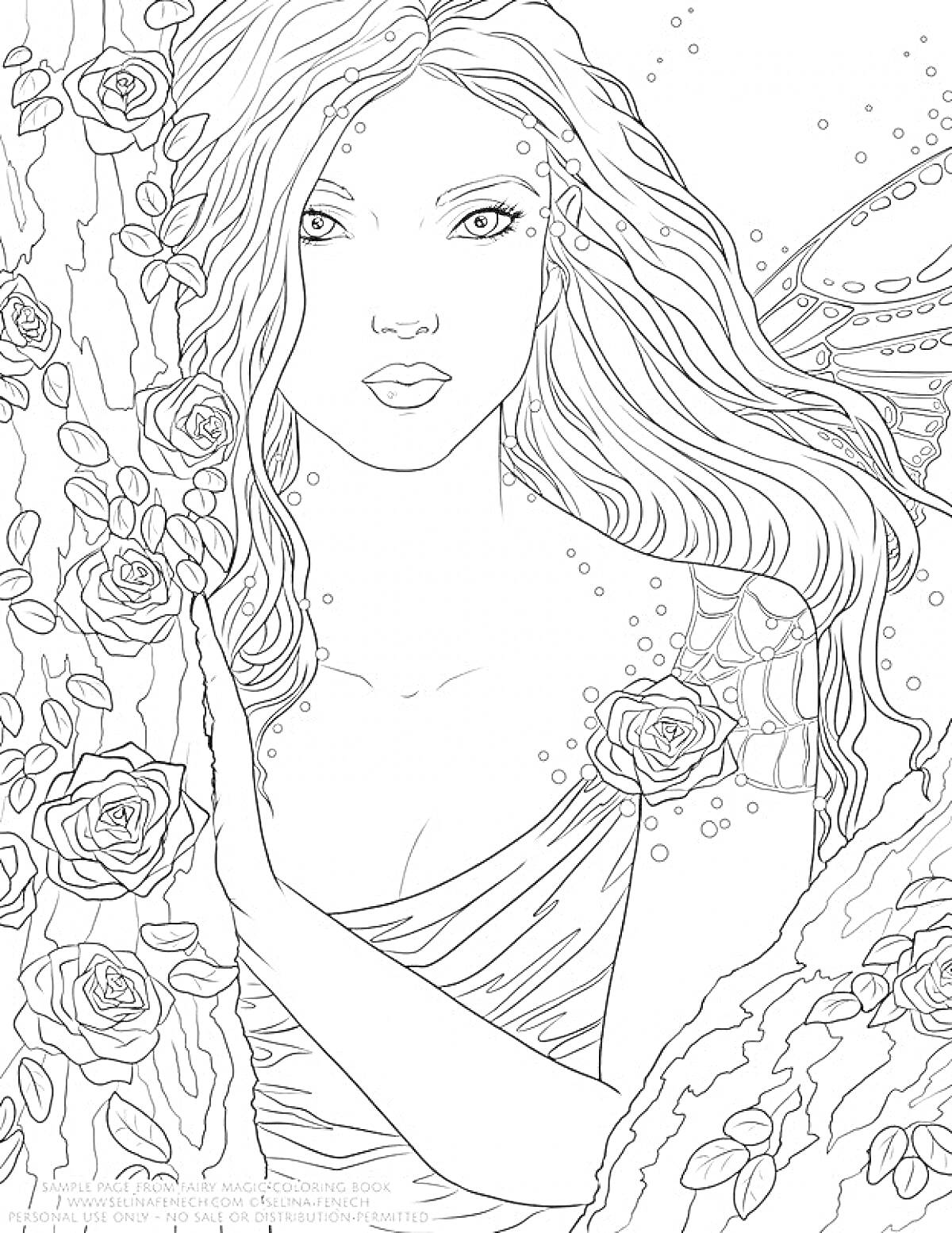 Раскраска Девушка в лесу с длинными волосами, розами, бабочками и узорами