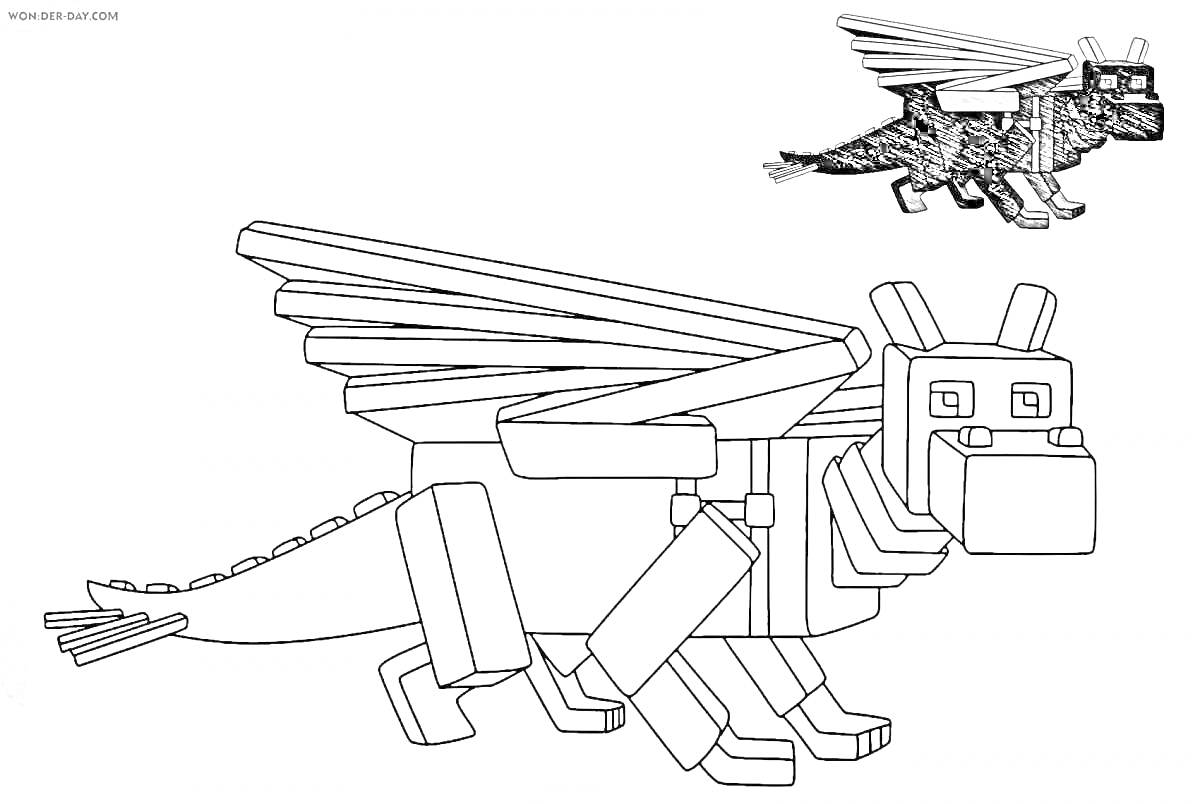 Раскраска Дракон майнкрафт с расправленными крыльями, маленьким отростком и кубической головой