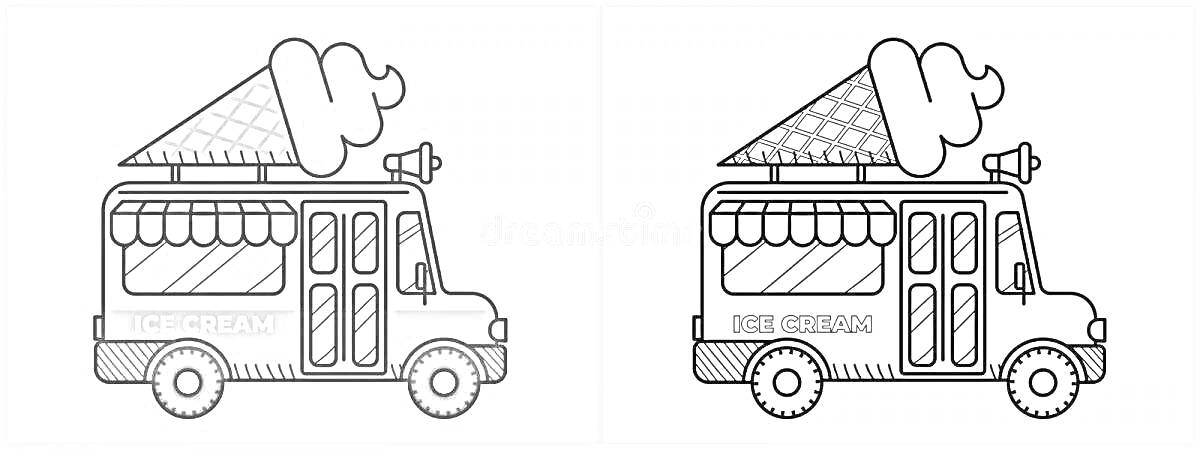 На раскраске изображено: Фургон, Мороженое, Громкоговоритель, Навес, Дверь, Колёса, Транспорт, Еда