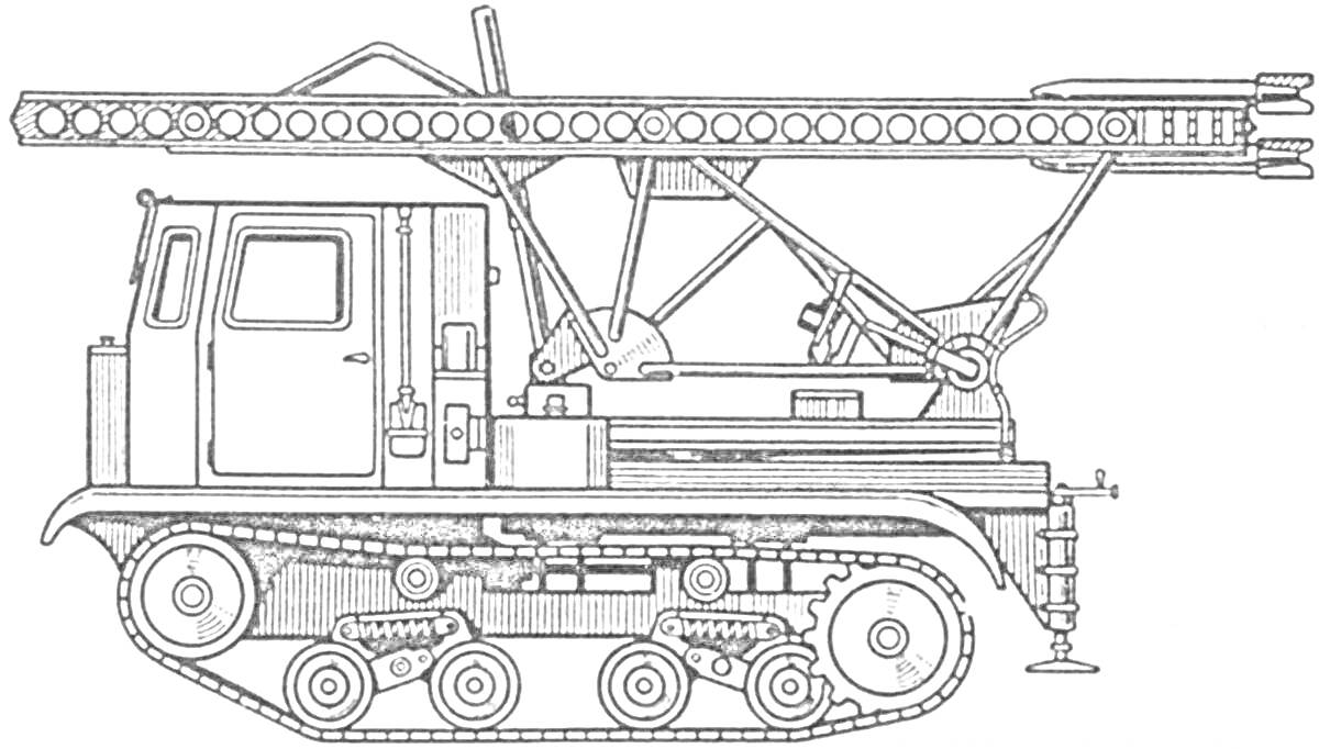 Раскраска Боевая машина Катюша с ракетной установкой на гусеничном ходу
