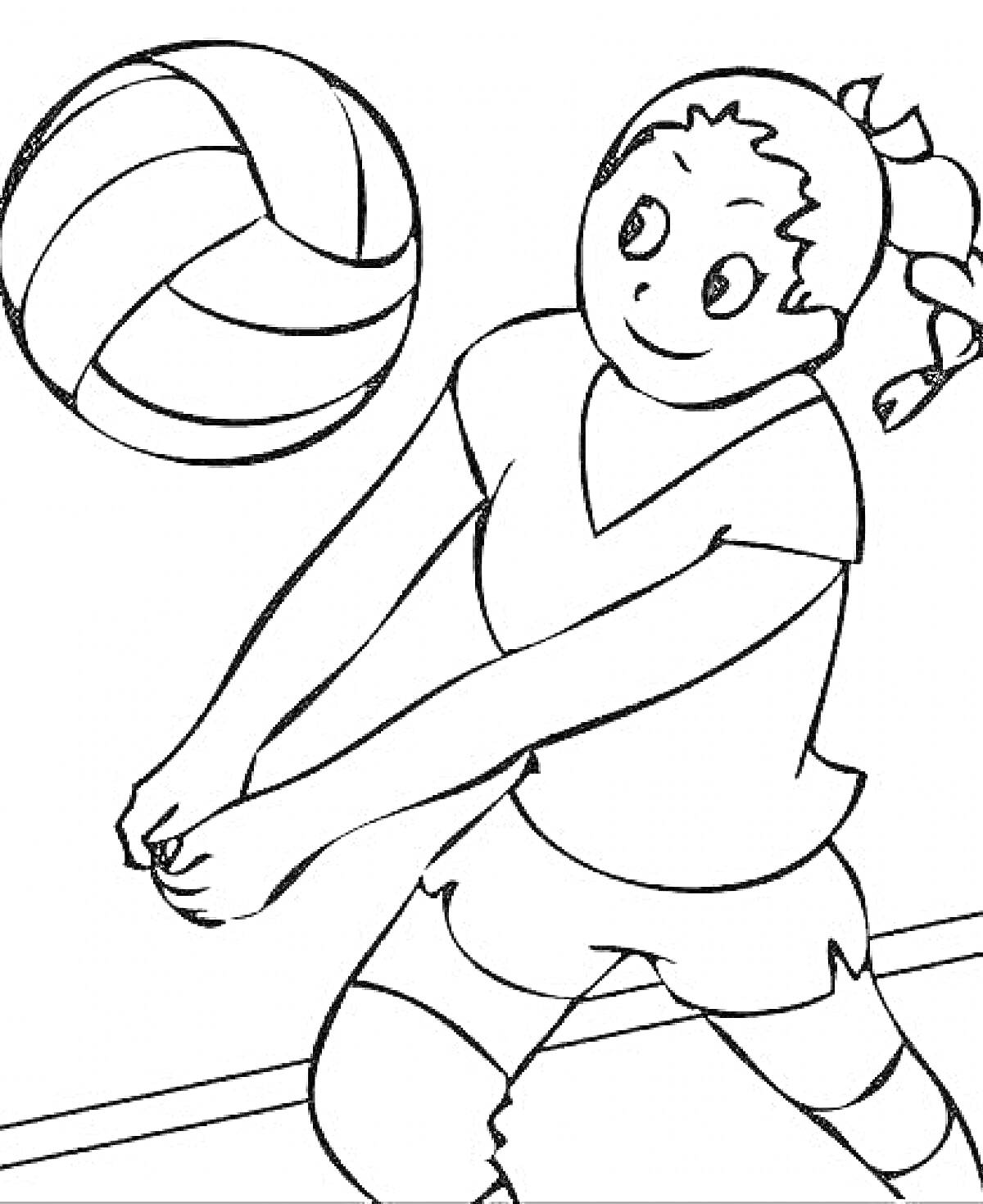 На раскраске изображено: Волейбол, Спорт, Девочка, Форма, Шорты, Движение, Игра, Мячи, Футболки