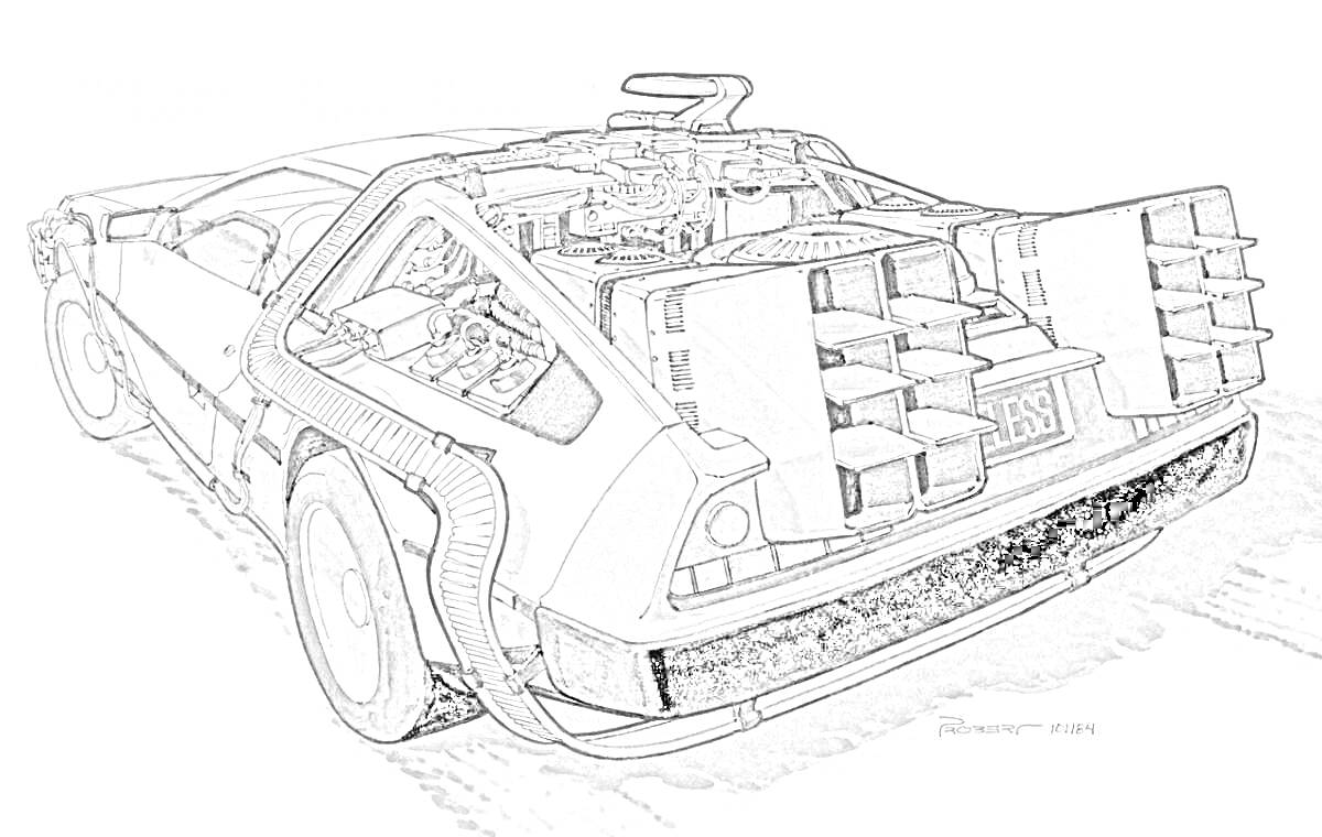 На раскраске изображено: Delorean, Назад в будущее, Оборудование, Научная фантастика