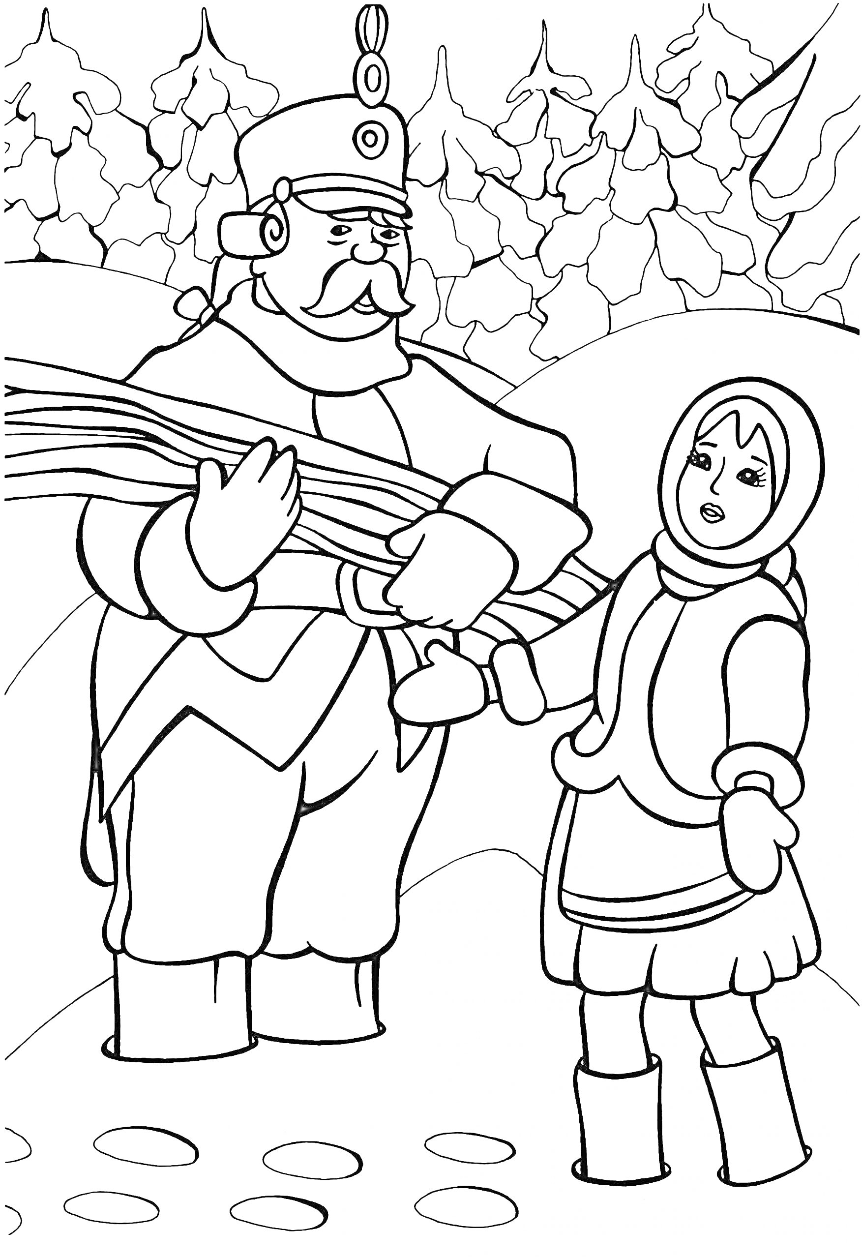 Раскраска Солдат и девочка в зимнем лесу