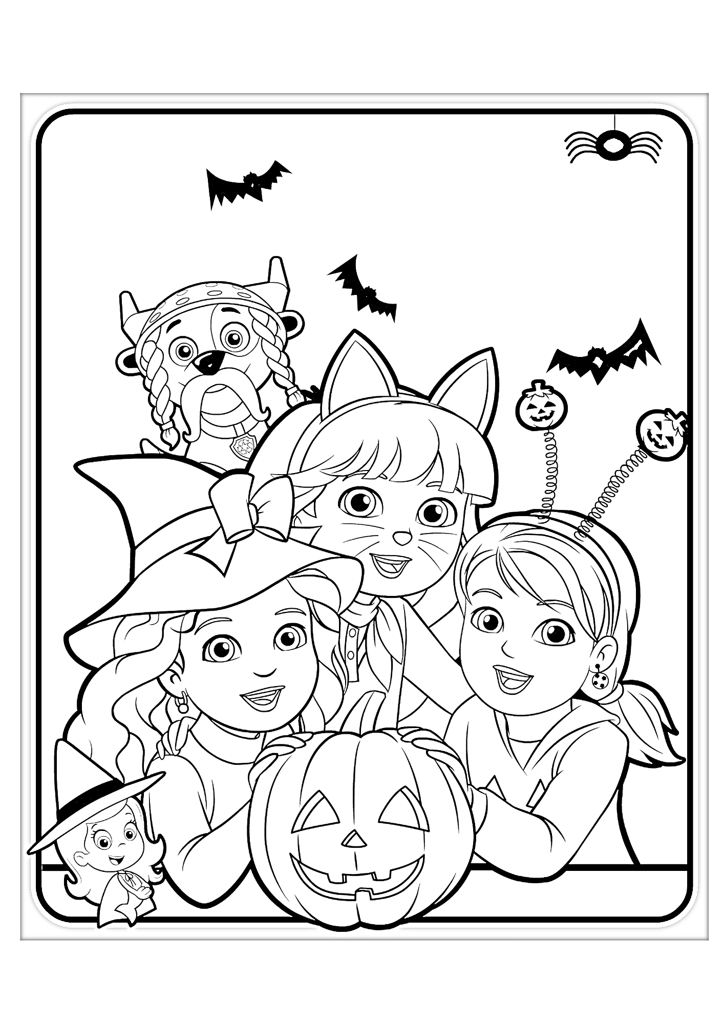Даша и друзья на Хэллоуин: костюмы ведьмы, кошки, маленького вампира и тыква фонарик, летучие мыши и паук на паутине