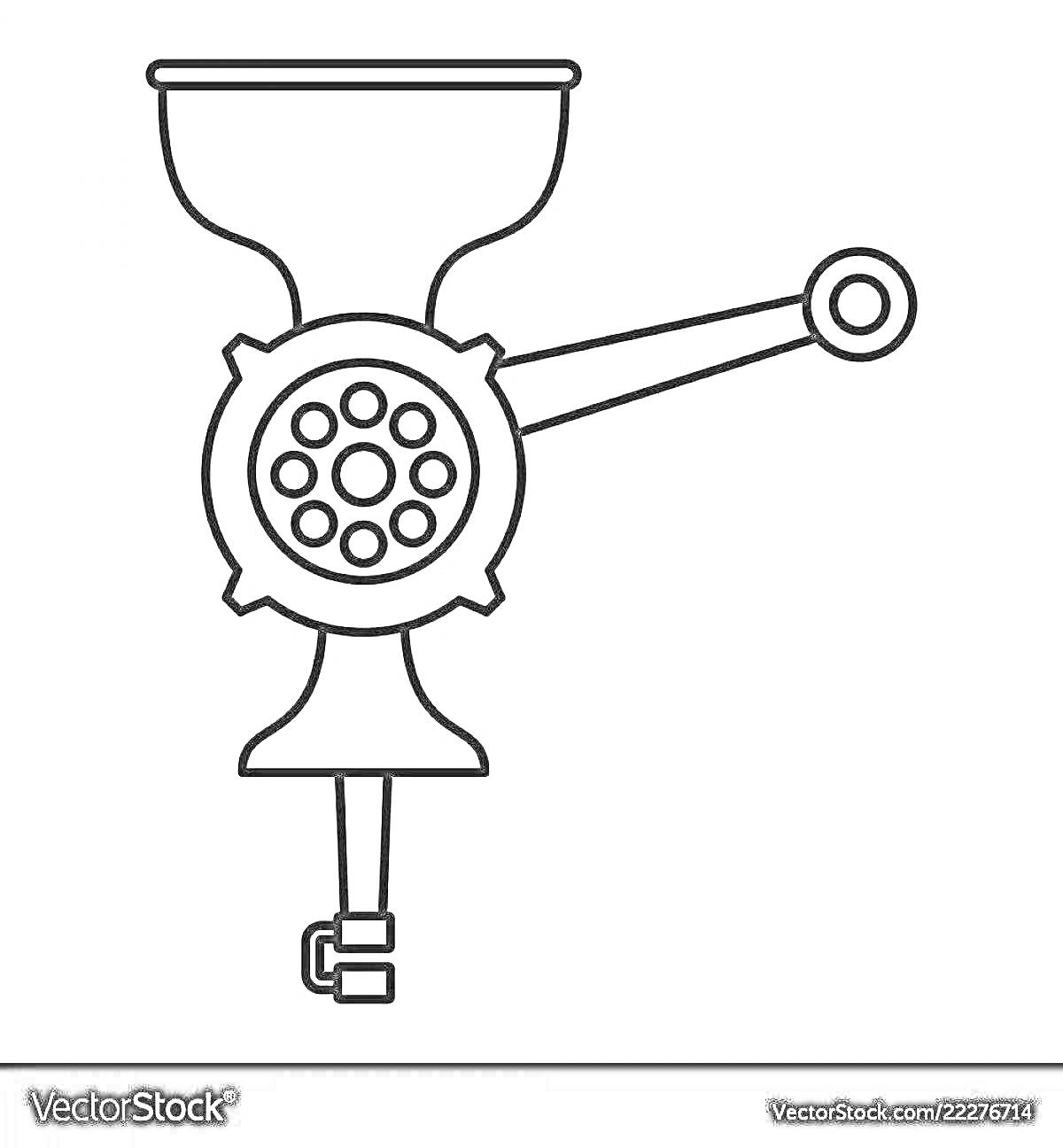 На раскраске изображено: Мясорубка, Ручная мясорубка, Кухонный прибор, Кухонная утварь, Воронка, Контурные рисунки