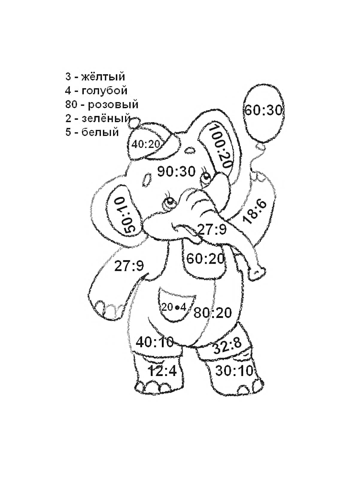 Раскраска Раскраска с примерами на деление, слон с шариком