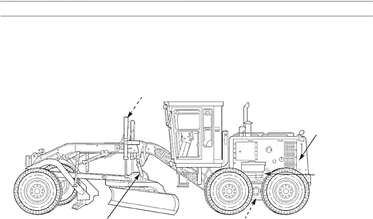 Грейдер с передними и задними колесами, кабиной, управляемым лезвием и задним отвалом.