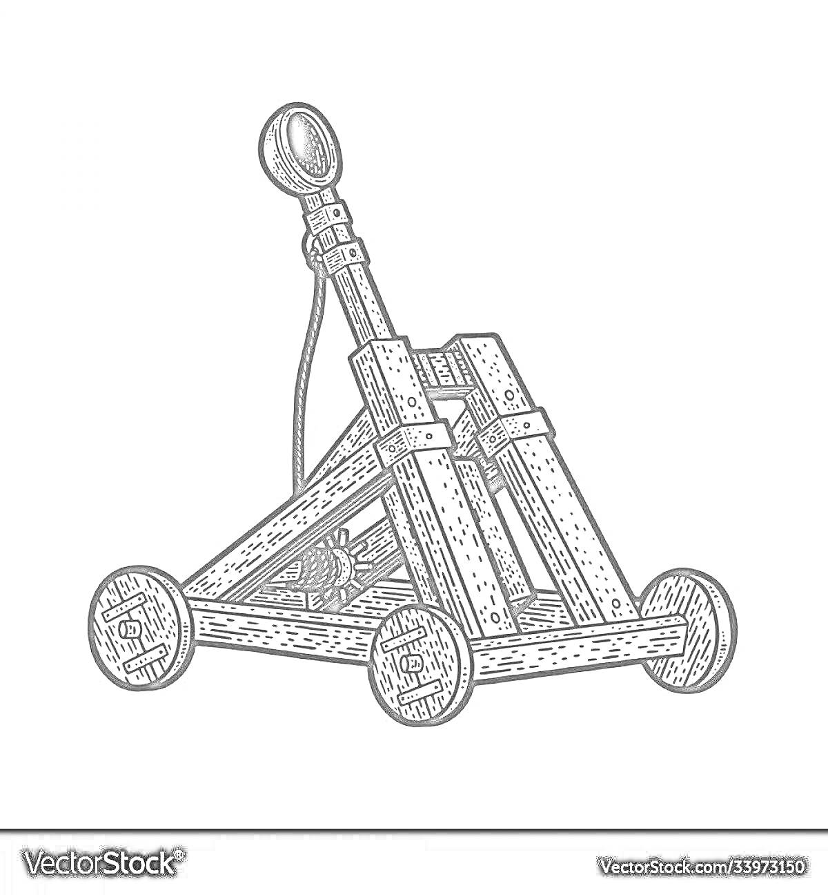 Раскраска Деревянная катапульта с ручным приводом, установленная на четырех колесах
