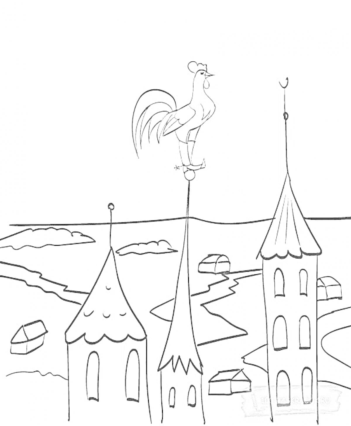 Раскраска Золотой петушок на вершине башни, домики и горы на заднем плане