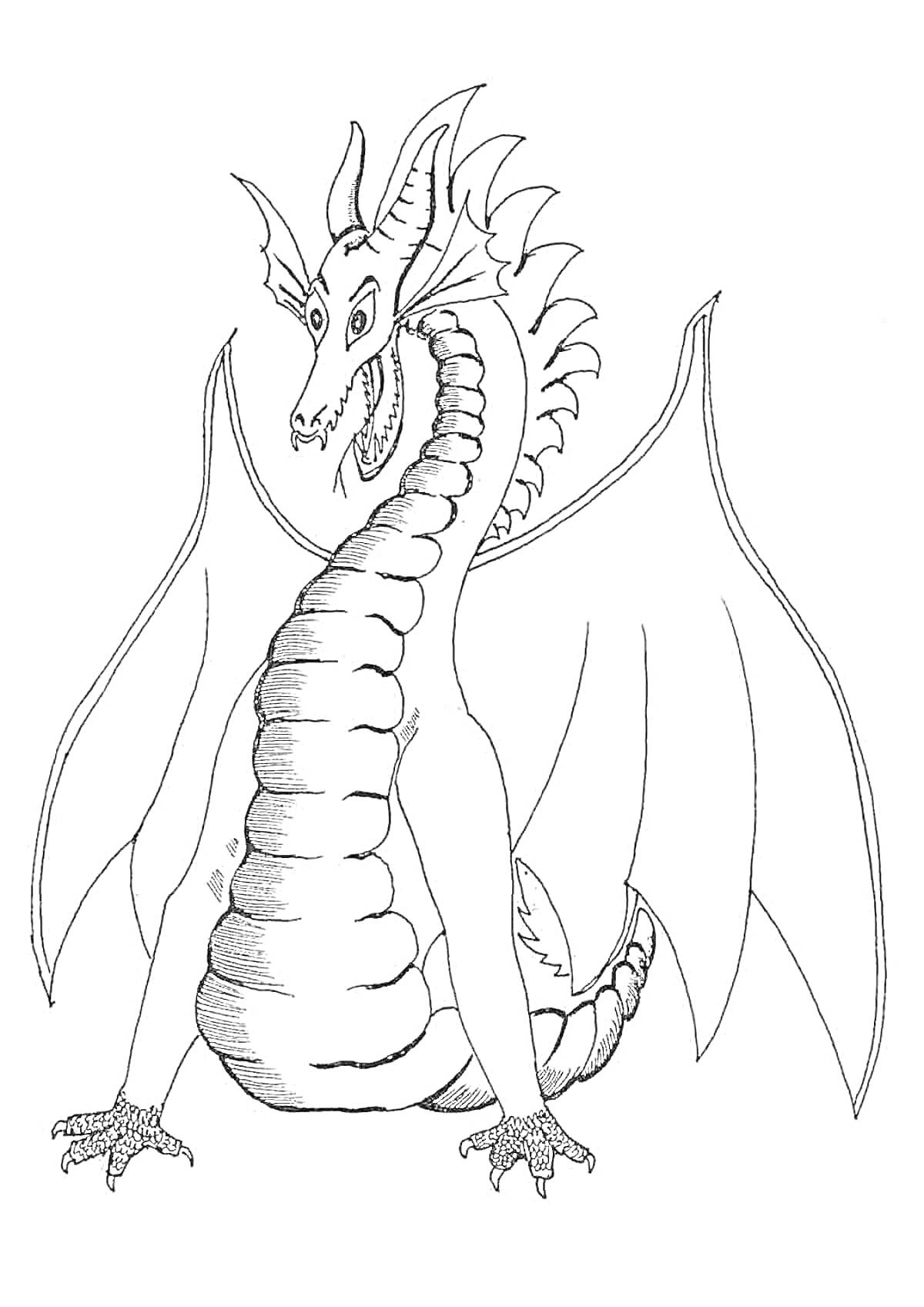Раскраска Дракон с большим гребнем и крыльями, четкие когти и изогнутая шея