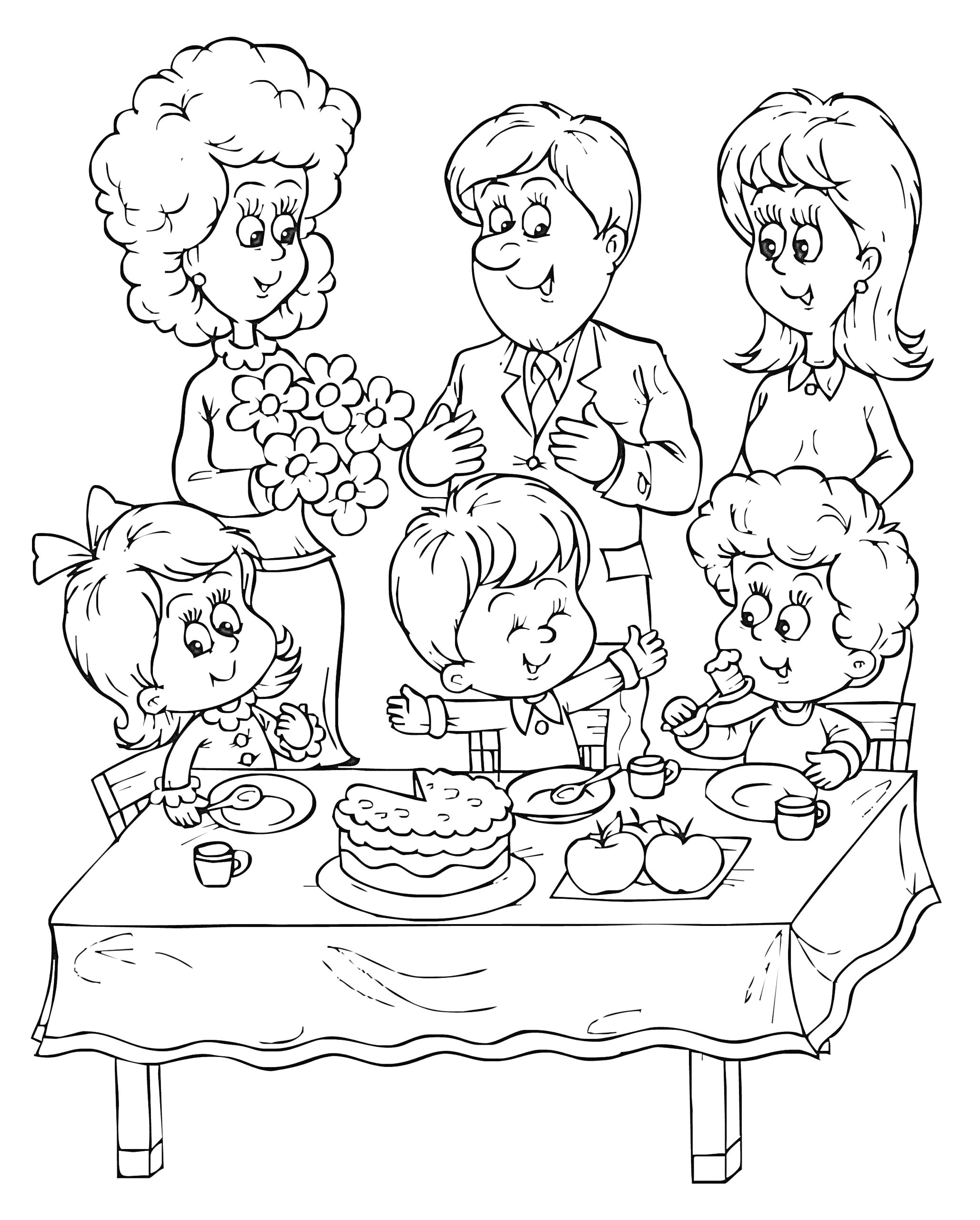 Празднование Дня защиты детей: дети за столом с десертами и взрослые с цветами