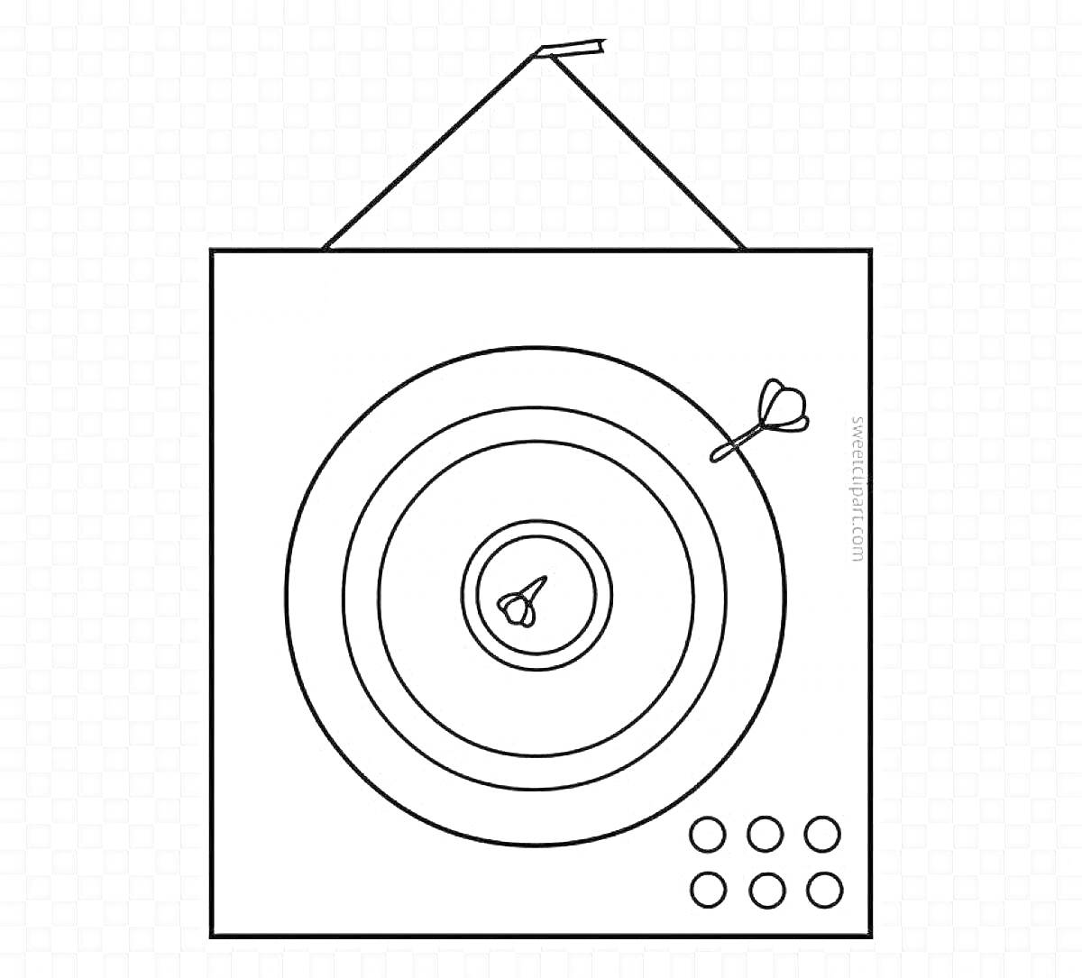 Раскраска Дартс: мишень с дротиками на подвесе и четырьмя кнопками