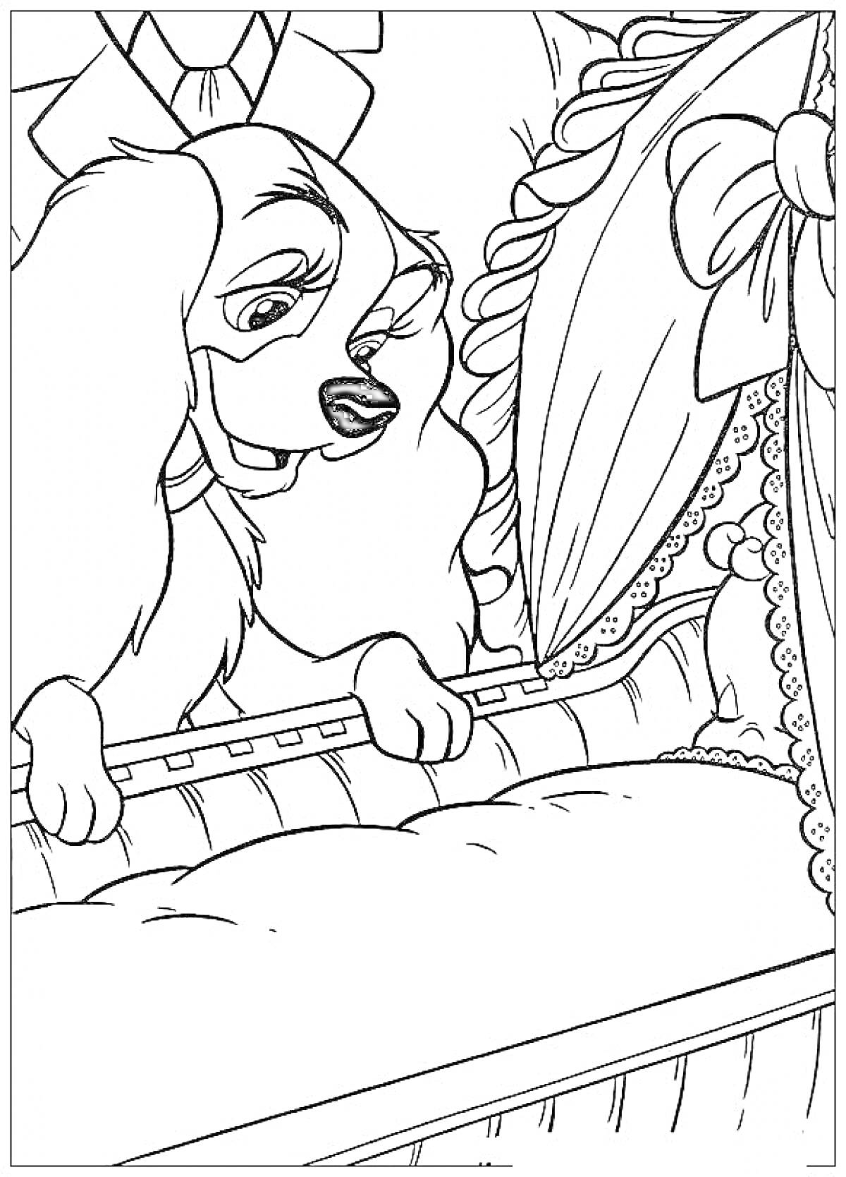 Раскраска Леди в кроватке с кроватным балдахином и бантом