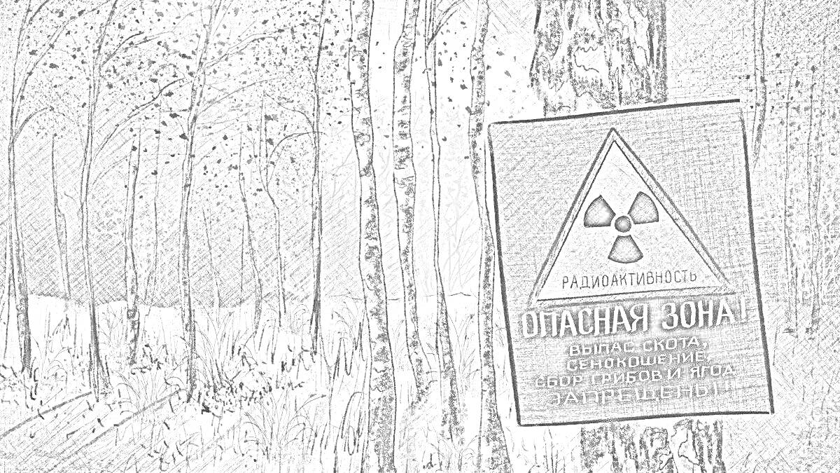 На раскраске изображено: Чернобыль, Лес, Деревья, Радиация, Предупреждение