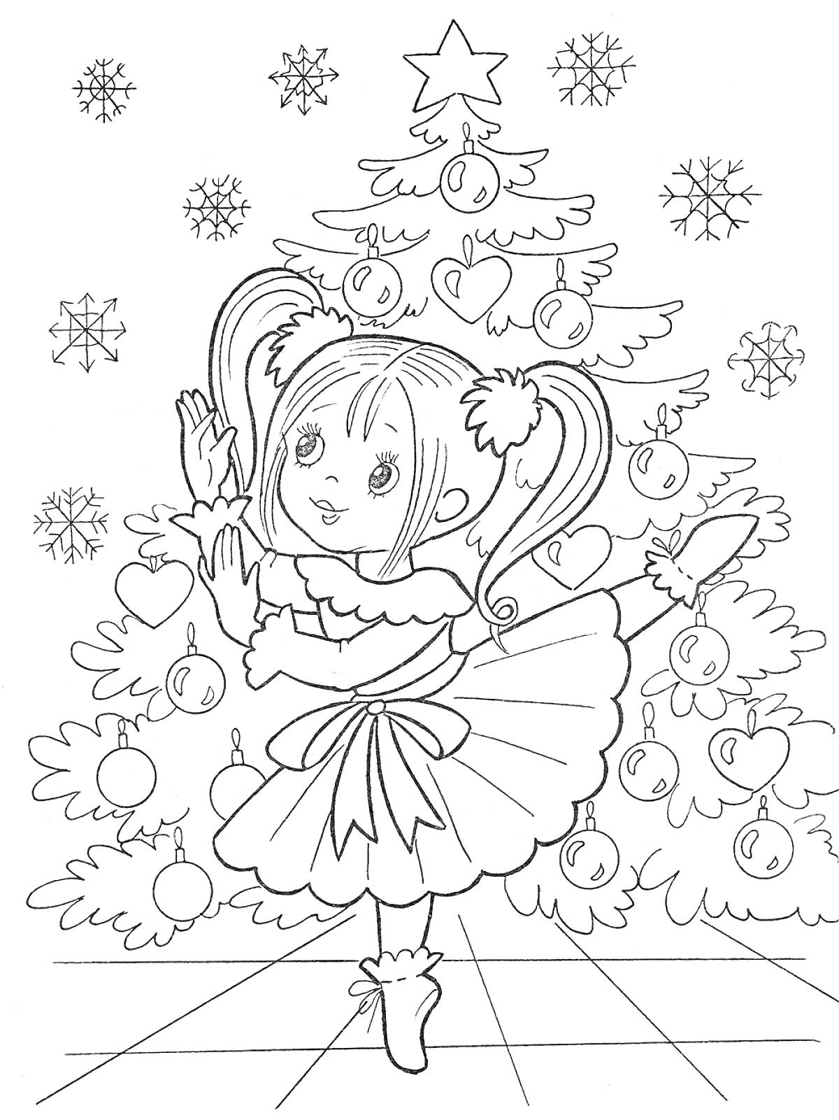 Раскраска Девочка в платье на фоне новогодней елки с украшениями и снежинками