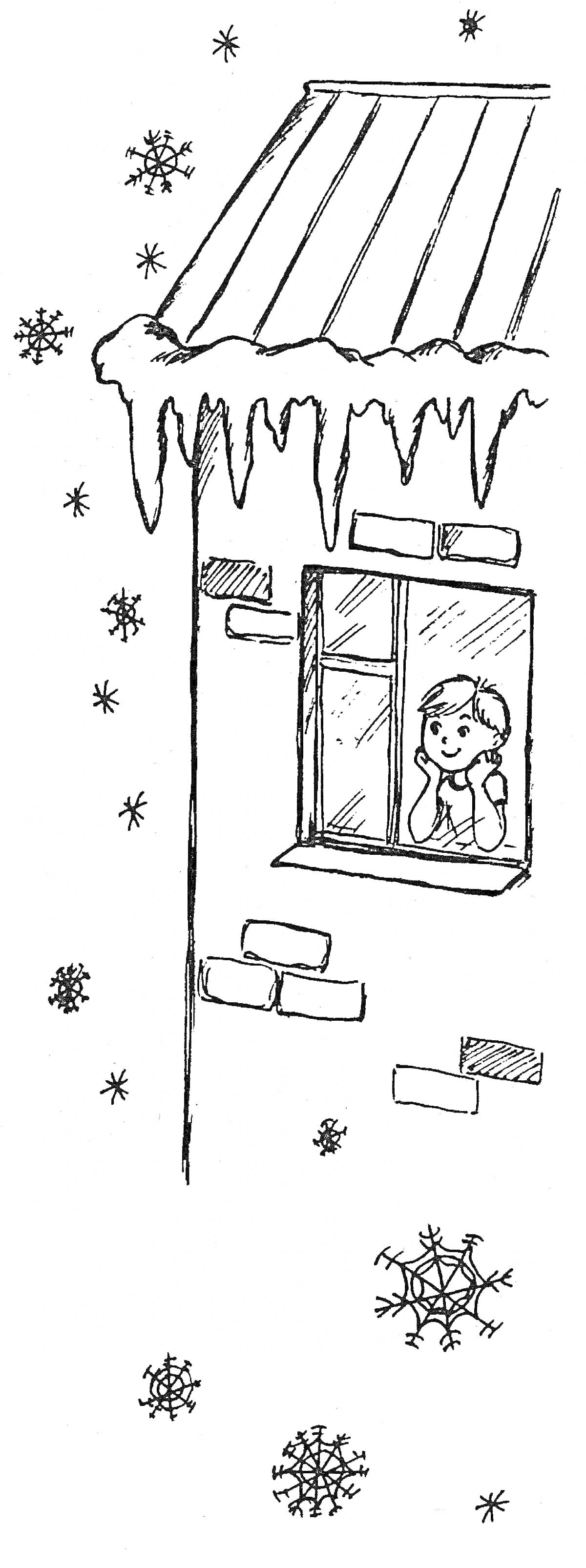 Раскраска Мальчик в зимней шапке смотрит в окно дома, крыша которого покрыта снежными накромождениям и сосульками, в окружении падающих снежинок