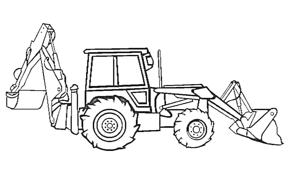 Раскраска Экскаватор-погрузчик с передним ковшом и задним экскаваторным ковшом