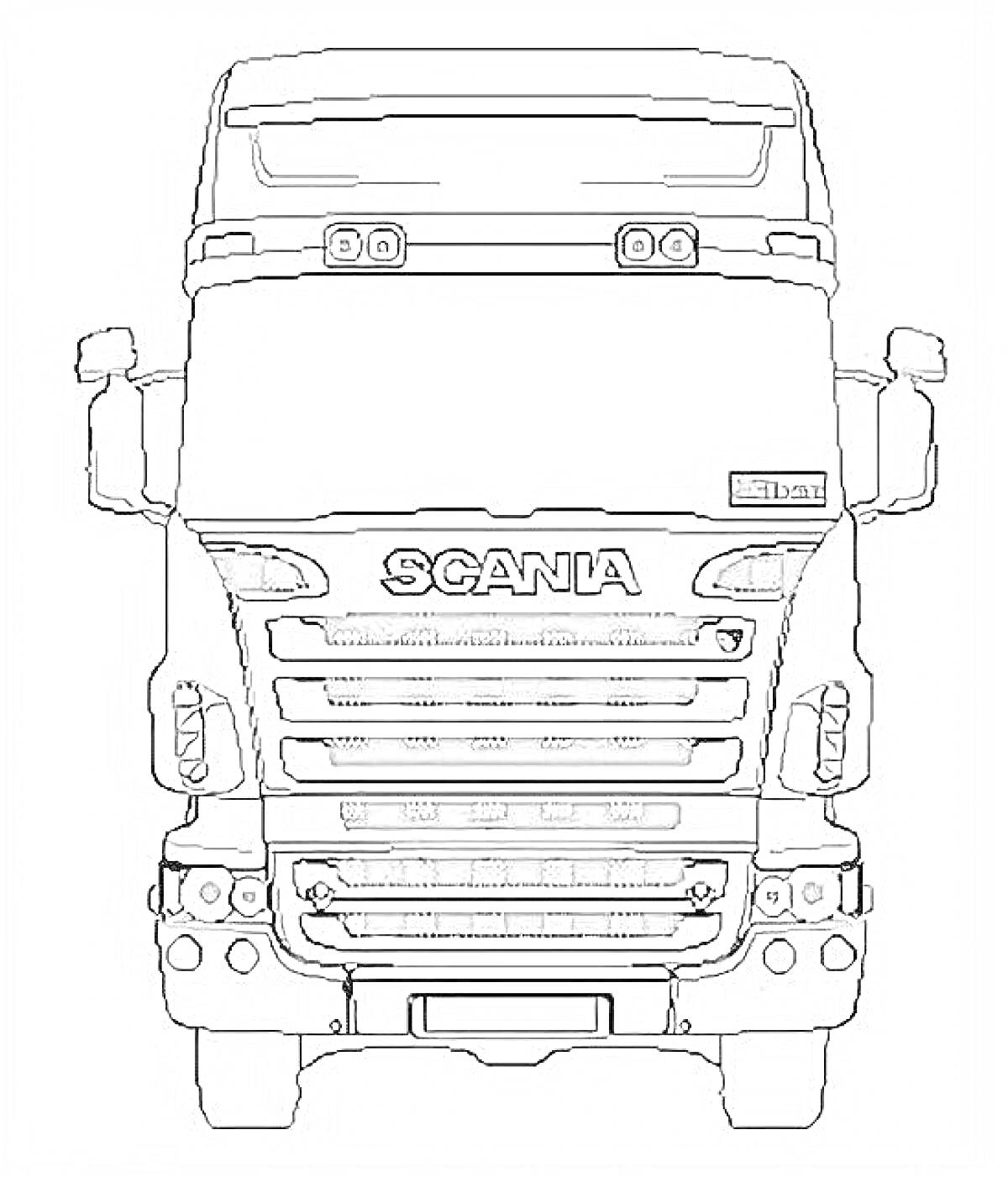 Раскраска Грузовик Scania спереди с фарами, зеркалами и логотипом