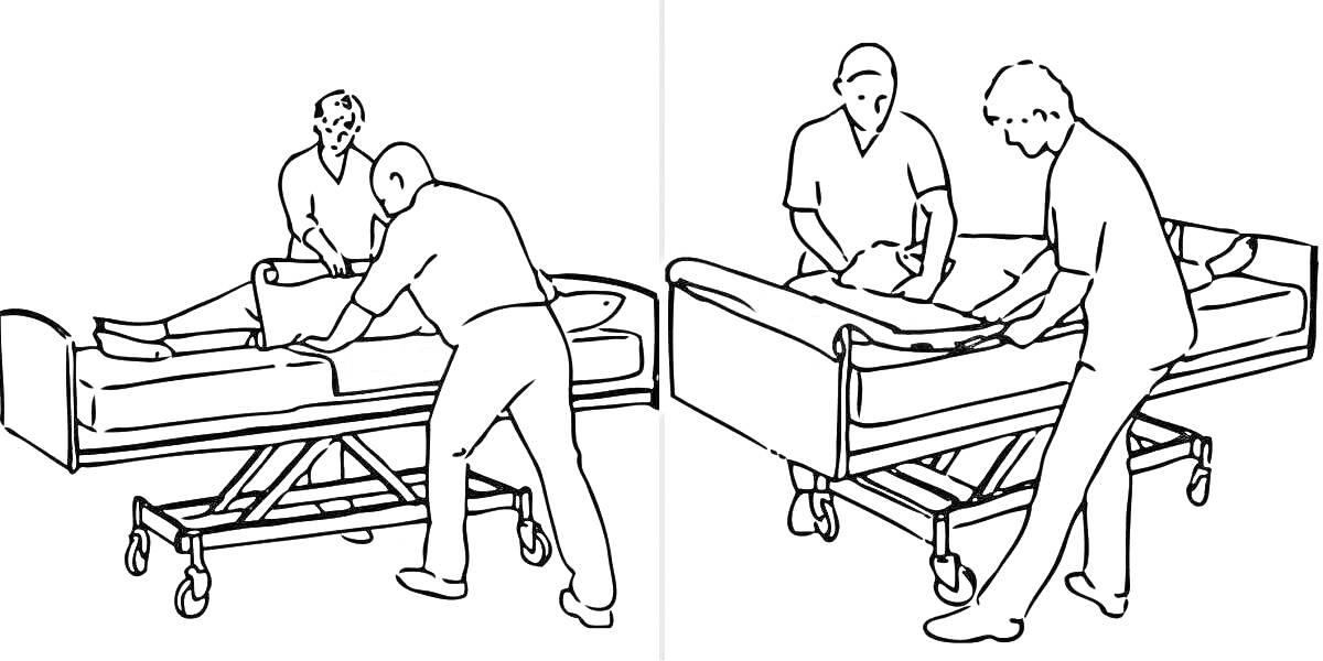 Пациент на больничной кровати, уход медперсонала, помощь в переворачивании пациента
