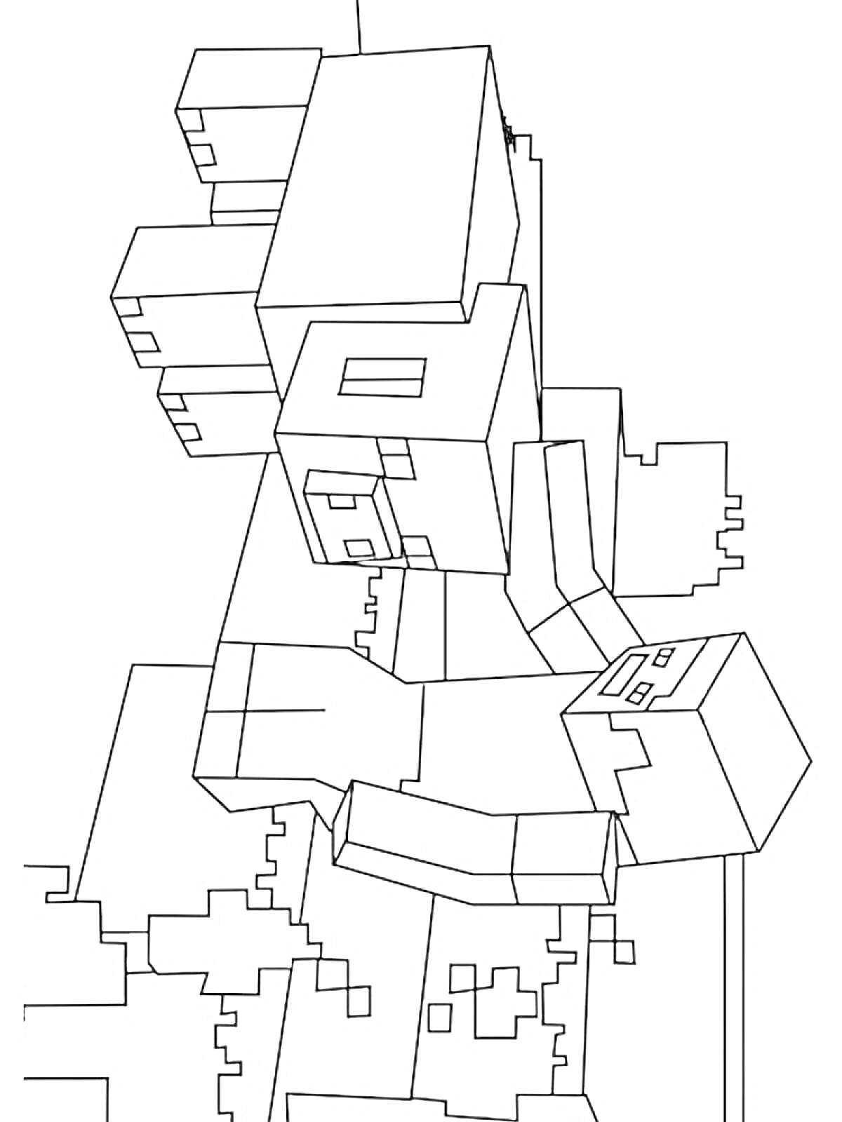 На раскраске изображено: Стив, Minecraft, Кирка, Блоки, Игра, Персонаж, Пиксельный стиль